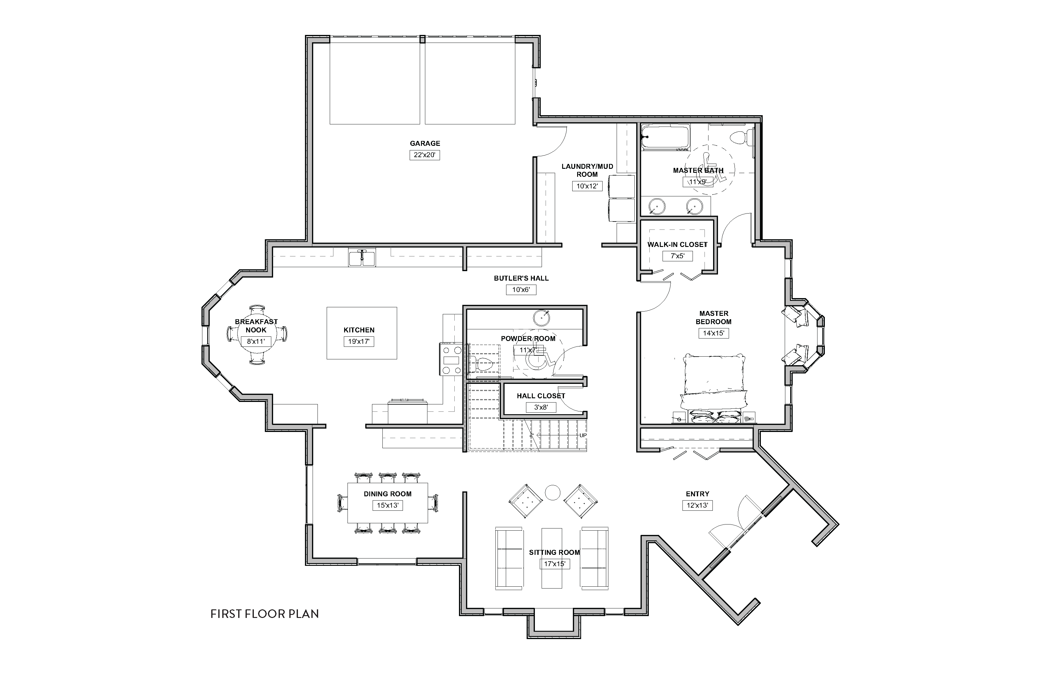 Main floor plan of a residential cottage showing a kitchen with adjacent
breakfast nook and butler’s hall, dining room, sitting room, entry, master bedroom suite with
bath and walk-in closet, laundry and mudroom, and attached garage.