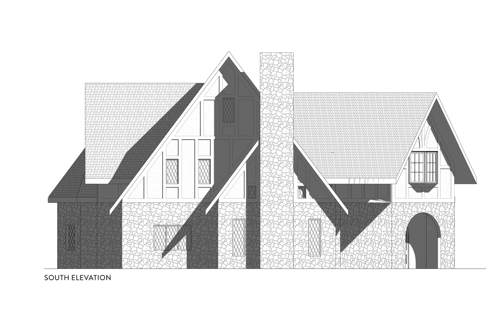 outh elevation of a residential cottage featuring stone veneer, steeply
pitched rooflines, and decorative half-timbering, with the main entry on the right, a projecting
sitting room adjacent to the entry, the dining room on the left, and the breakfast nook at the
far left, with a large gable above indicating the shared upstairs bathroom.