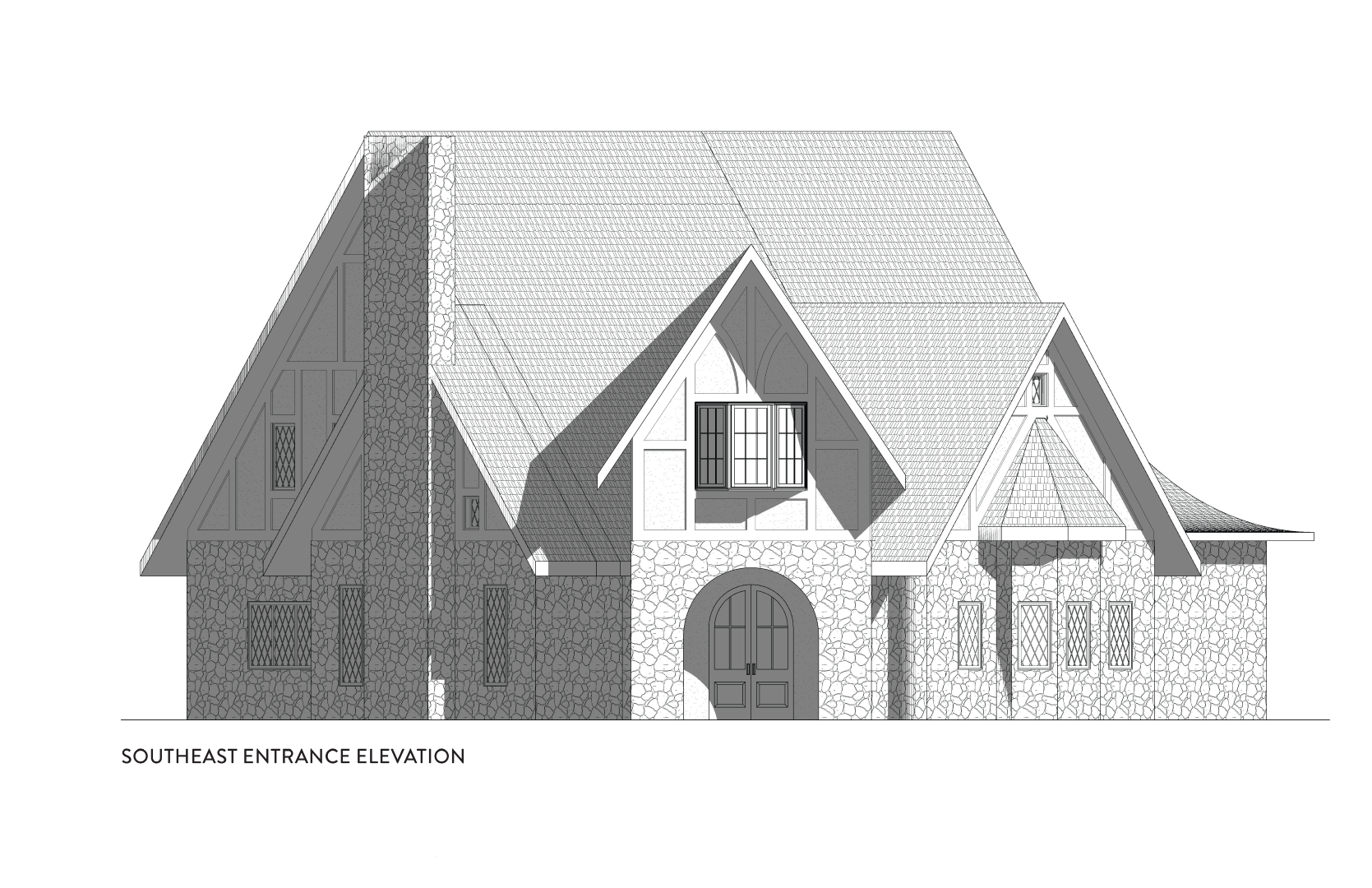 outheast entrance elevation of a residential cottage featuring stone veneer,
steeply pitched rooflines, and decorative half-timbering, with an arched main entry centered
below a gable and a projecting bay window corresponding to the family recreation room.