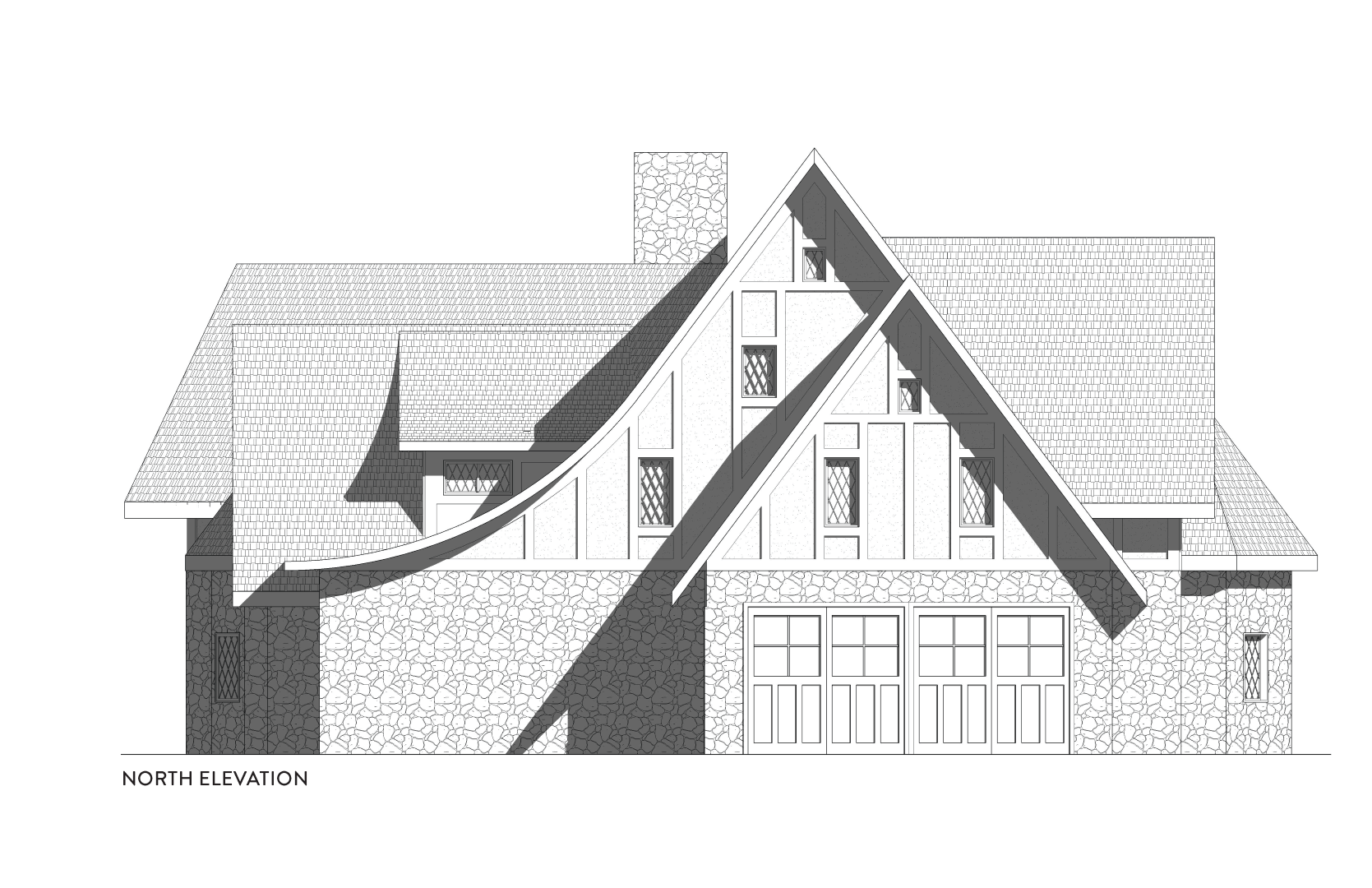 North elevation of a residential cottage showing a stone veneer exterior,
steeply pitched and curved rooflines, decorative half-timbering, and a garage with bedroom
windows above and a guest bedroom window to the left.