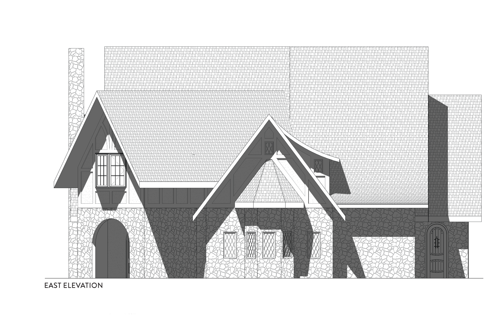 ast elevation of a residential cottage showing a stone veneer exterior,
steeply pitched rooflines, and decorative half-timbering, with the main entry on the left, the
master bedroom centered with a projecting window seat, a dormer above containing the
guest bathroom window, and the garage located to the right.