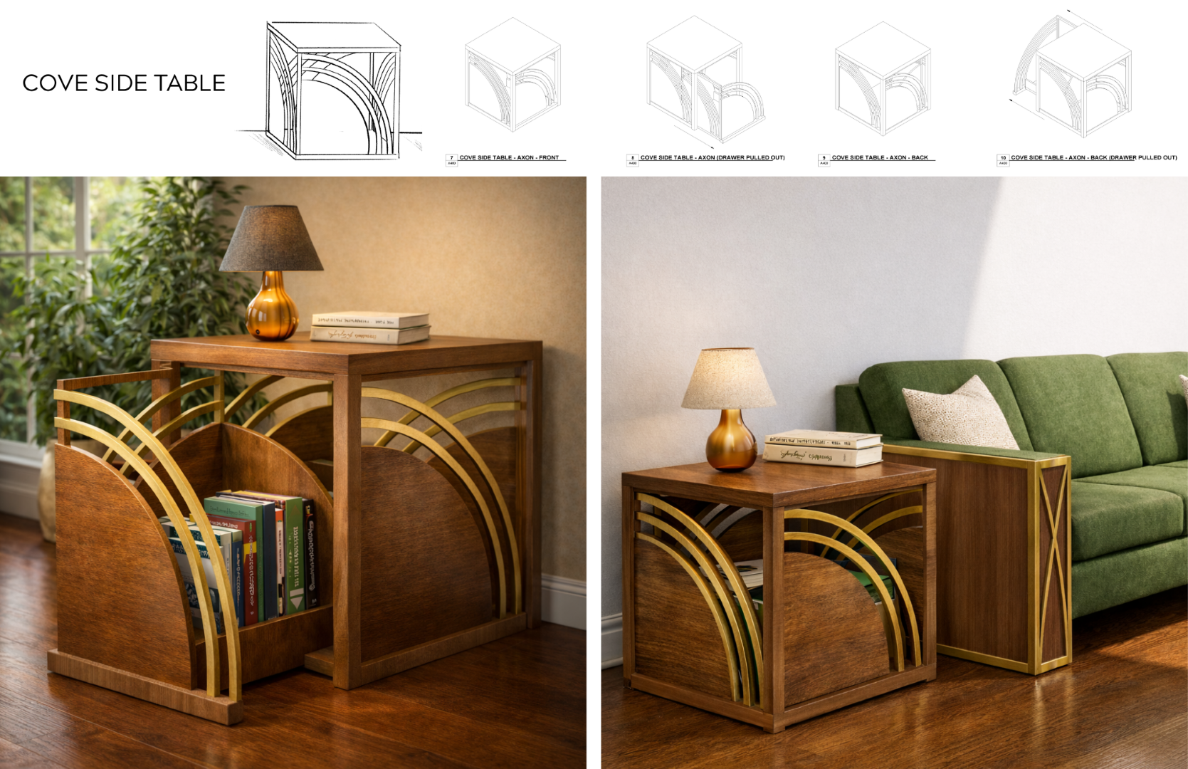 Design board for the Cove Side Table featuring concept sketches and
axonometric drawings, alongside renderings of a walnut side table with aged brass arched
motifs and integrated storage compartments.