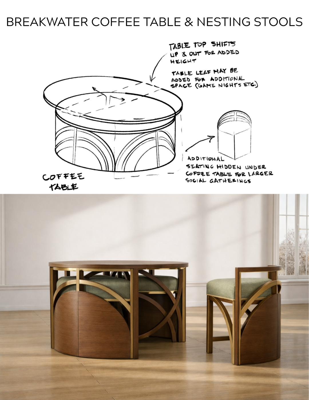 Design board for the Breakwater Coffee Table and nesting stools featuring a concept sketch of a lift-top table with hidden seating and expandable surface, alongside a rendered walnut and brass table with integrated stools and repeating arched motifs.