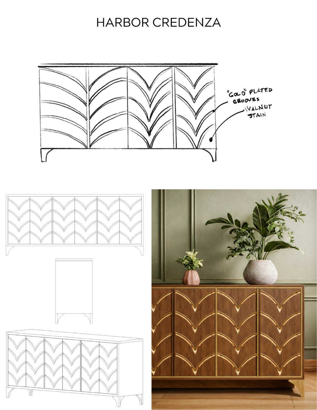 Design development board for the Harbor Credenza featuring concept
sketches, elevation and perspective drawings, and a final rendering of a walnut credenza
with repeating arched motifs and gold-accented grooves inspired by coastal forms.