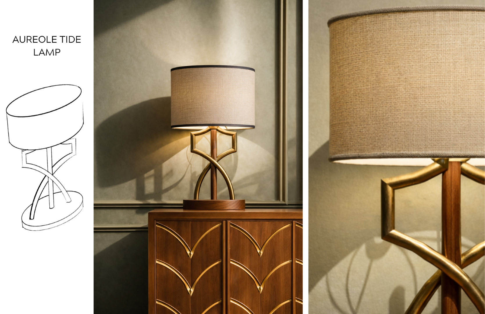 Design board for the Aureole Tide Lamp featuring a concept sketch, a rendered lamp with a walnut base and aged brass structure, and a close-up highlighting intersecting curved forms inspired by coastal motifs and material selections.