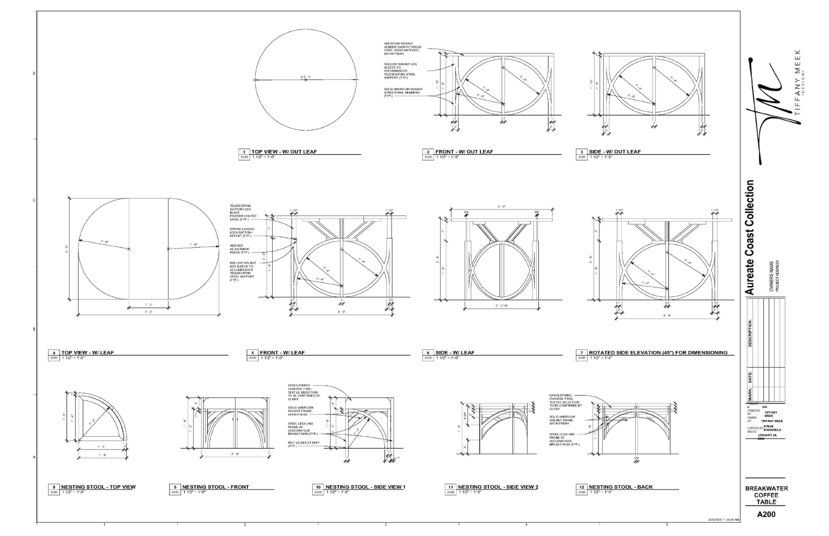 Construction document sheet for the Breakwater Coffee Table and nesting
stools featuring dimensioned plan, elevation, and section drawings, illustrating joinery,
materials, and overall construction of the pieces.