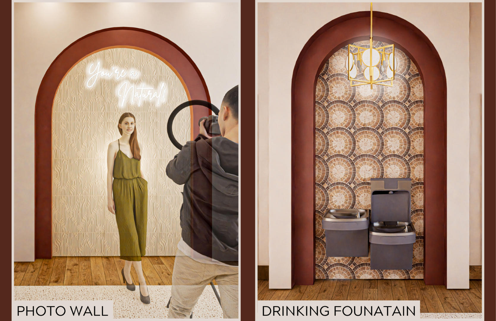 Interior renderings of Naturally You Salon featuring a branded photo wall
with arched niche and integrated lighting, alongside a drinking fountain alcove with
patterned tile and warm material detailing.