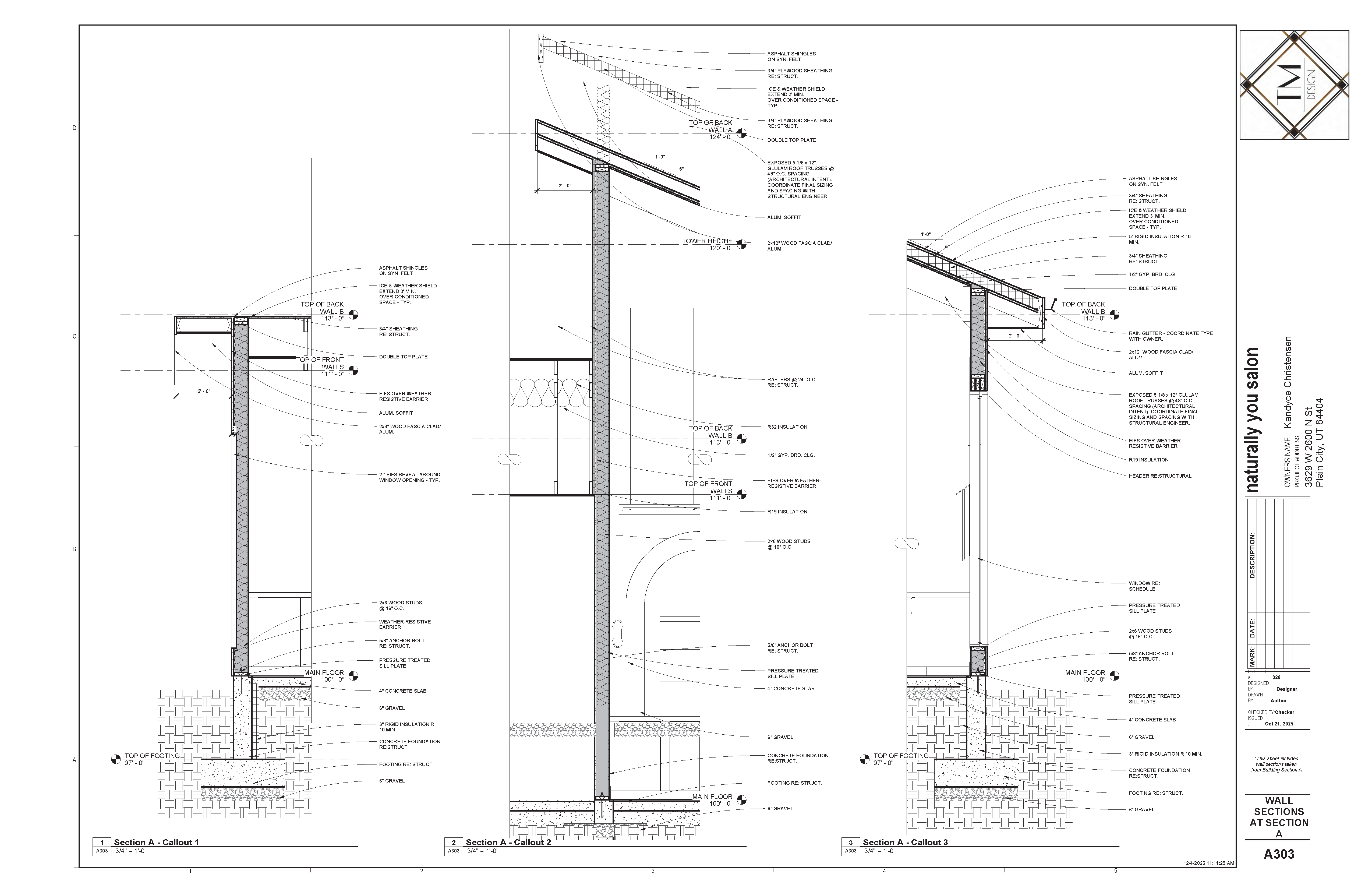 Wall section details of Naturally You Salon illustrating construction assemblies, including foundation, wall systems, insulation, and roof connections with material callouts and dimensions.