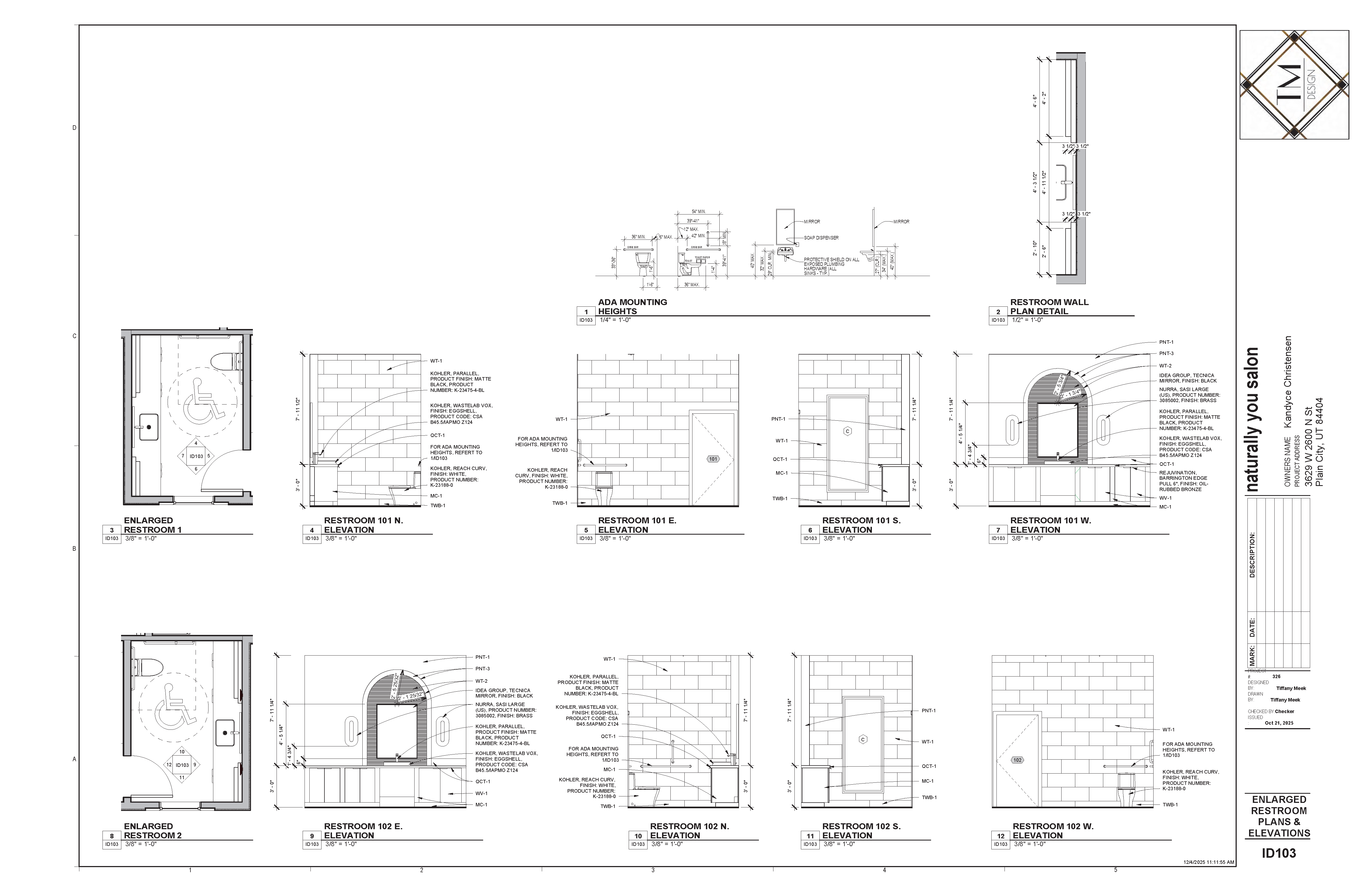 Enlarged restroom plans and interior elevations for Naturally You Salon
showing ADA-compliant layouts, mounting heights, material finishes, and fixture detailing.