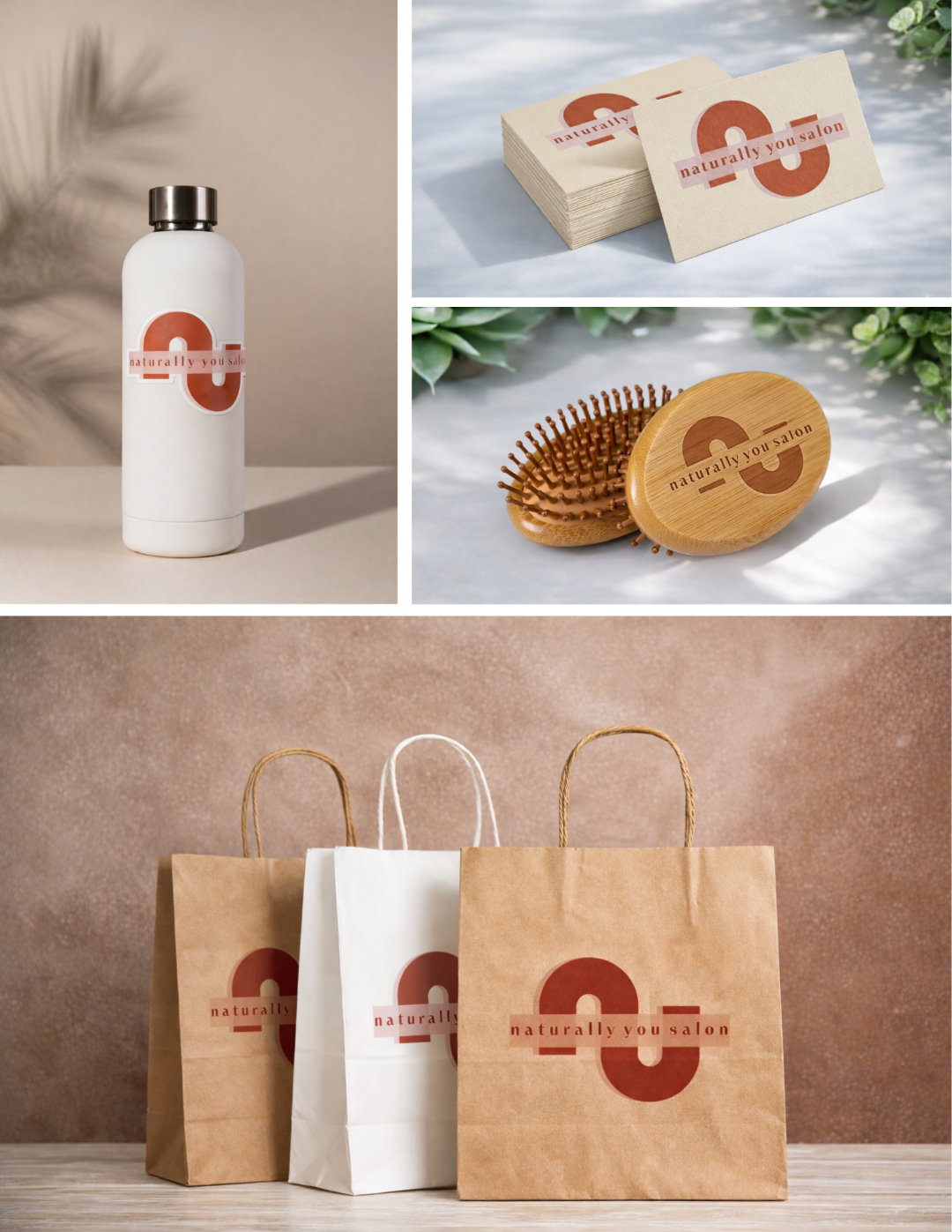 Branding display for Naturally You Salon featuring logo application across
merchandise including business cards, packaging, hair accessories, and branded materials.
