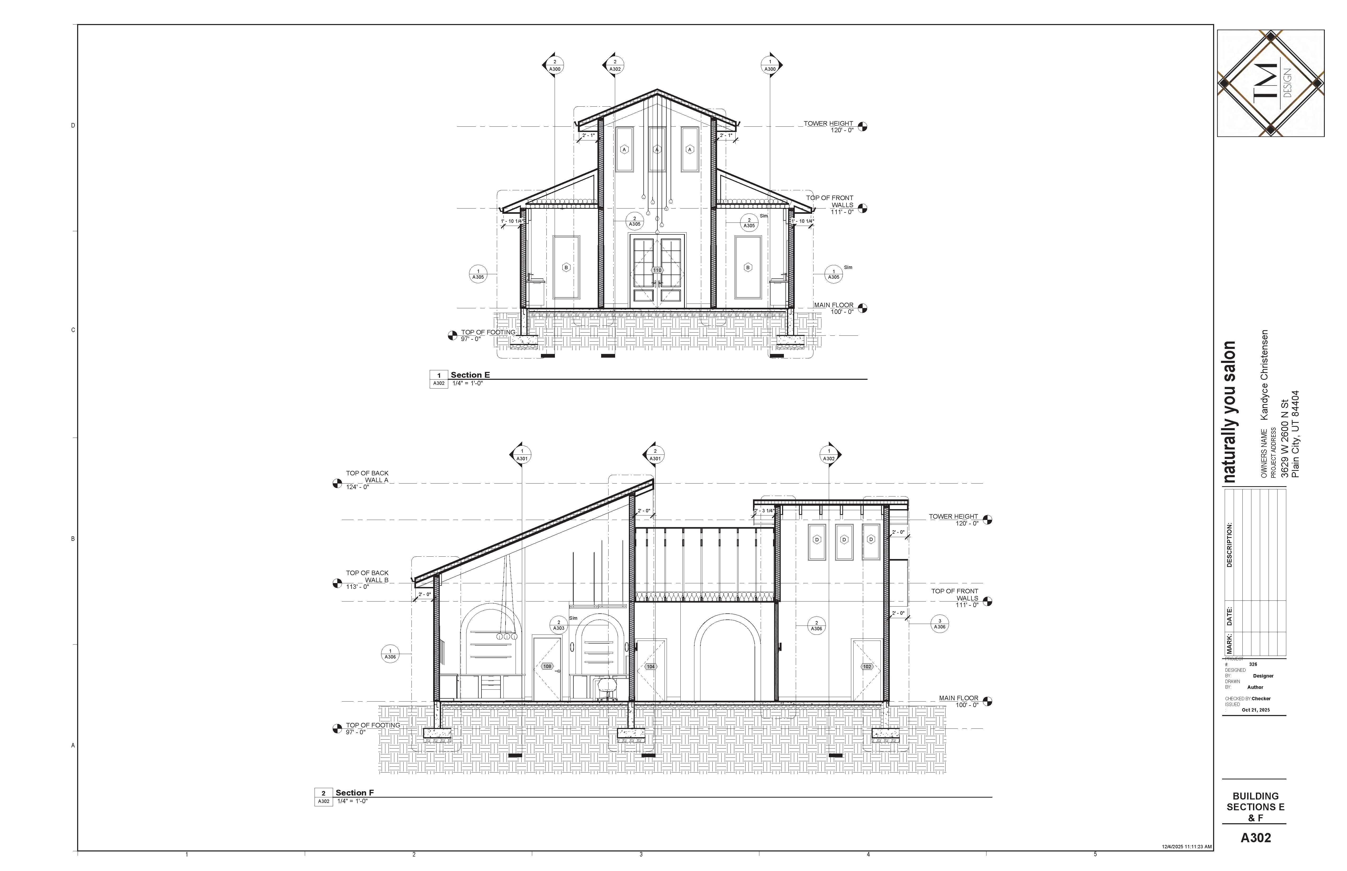 Building sections of Naturally You Salon illustrating interior spatial
relationships, ceiling heights, roof structure, and vertical circulation with dimensioned
construction details.