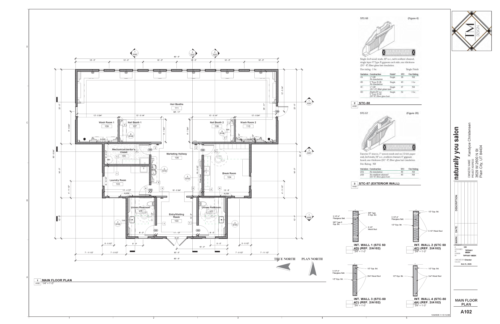 Main floor plan of Naturally You Salon showing hair and nail service areas,
wash rooms, break room, laundry, mechanical, restrooms, and entry sequence, along with
dimensioning and wall section details for acoustical and exterior assemblies.