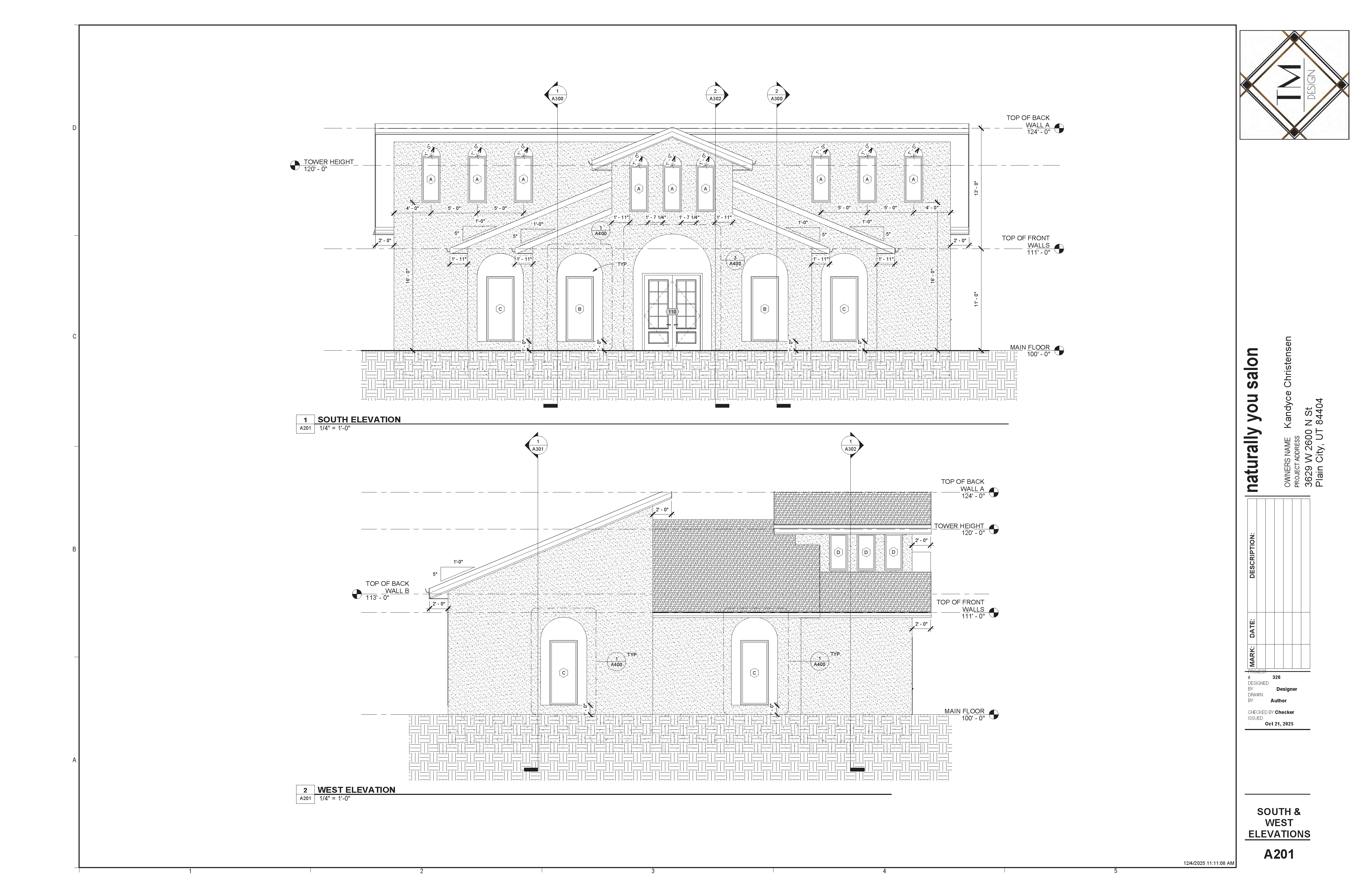 outh and west elevations of Naturally You Salon showing façade design,
rooflines, and architectural detailing with dimensional annotations.