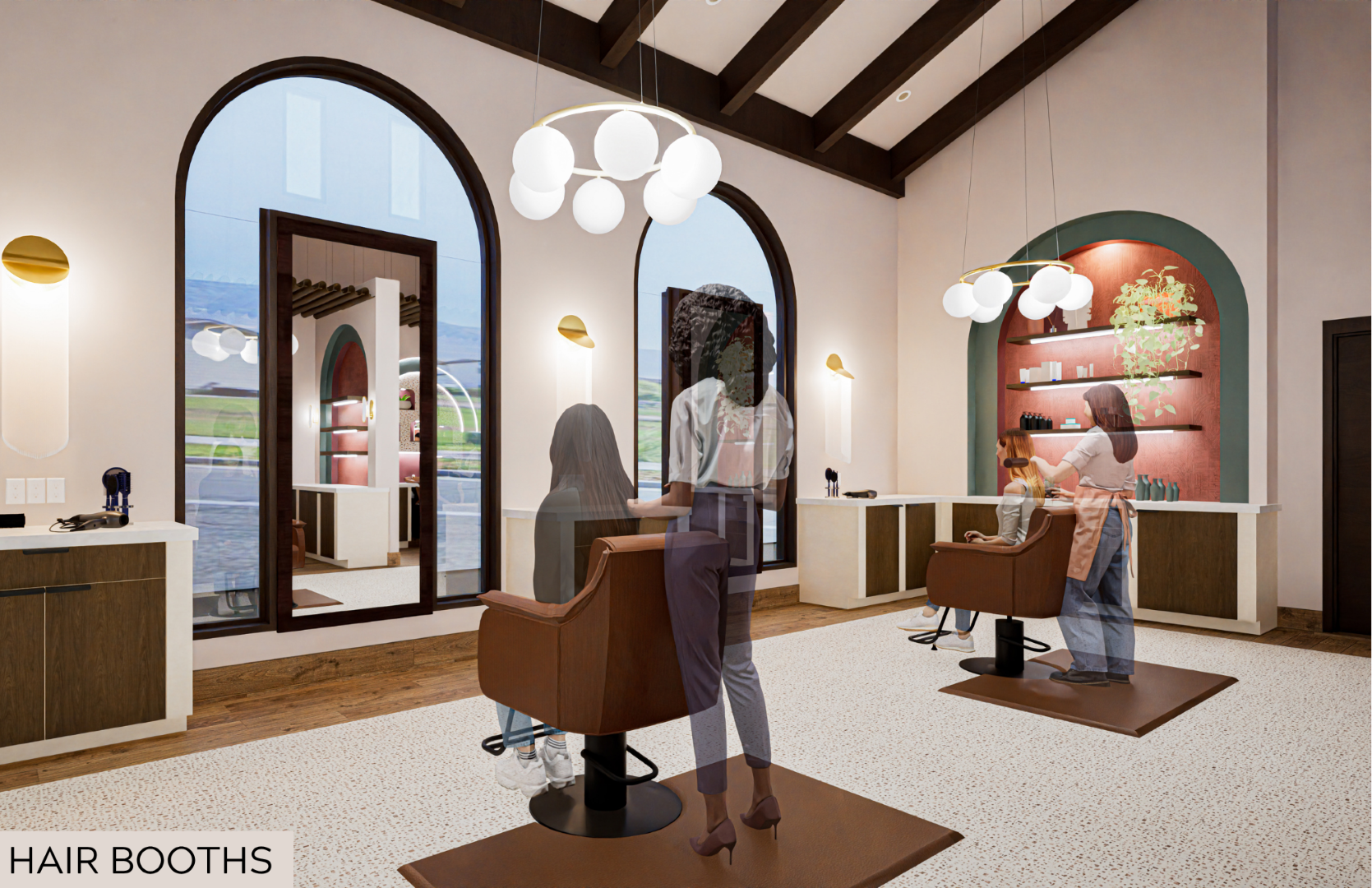 Interior rendering of Naturally You Salon hair booths featuring arched
windows, warm wood tones, layered lighting, and styling stations designed for a calm and
refined client experience.