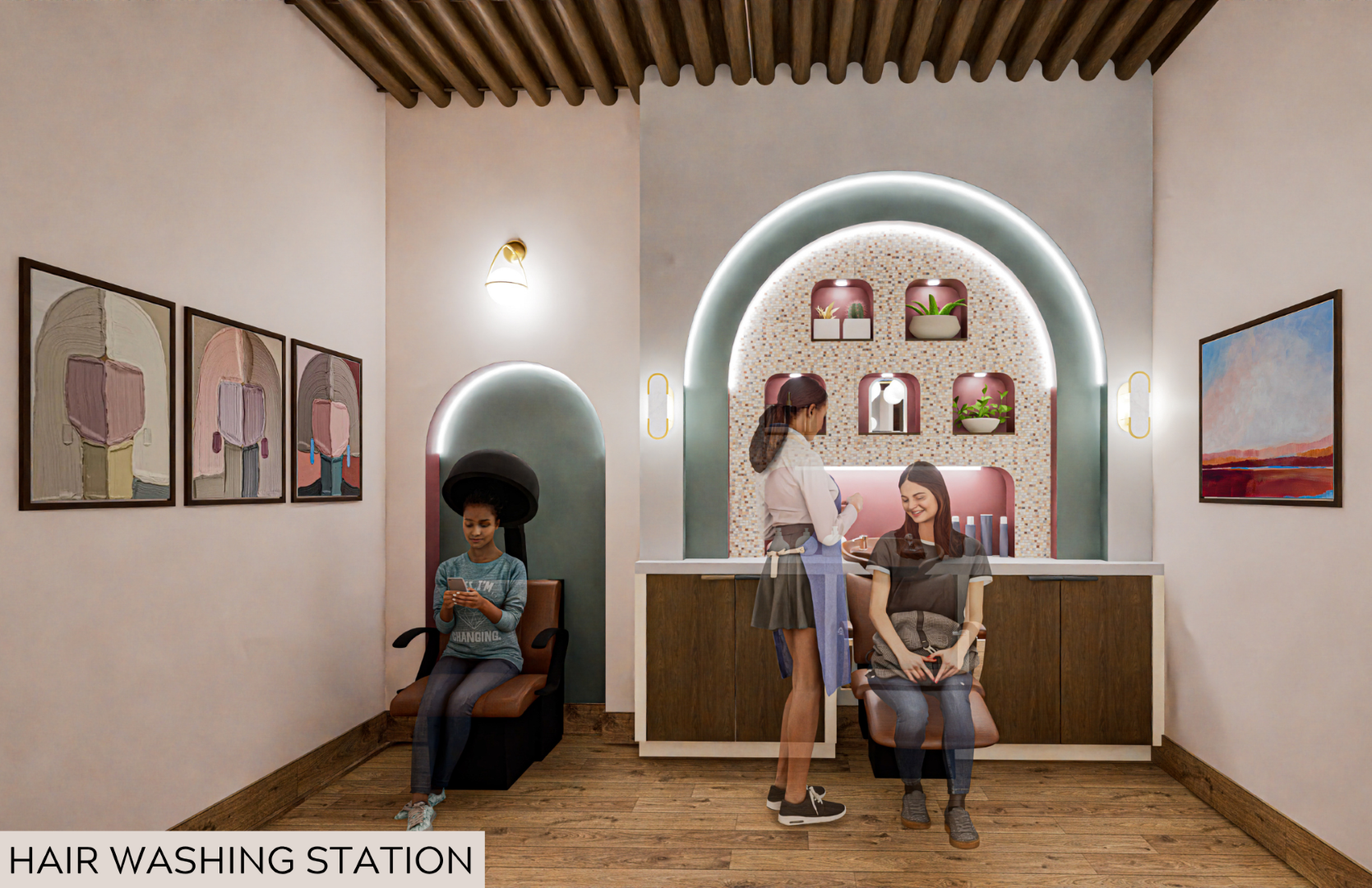 Interior rendering of Naturally You Salon hair washing station featuring arched niches, warm wood cabinetry, mosaic tile accents, and soft layered lighting creating a calm, restorative environment.