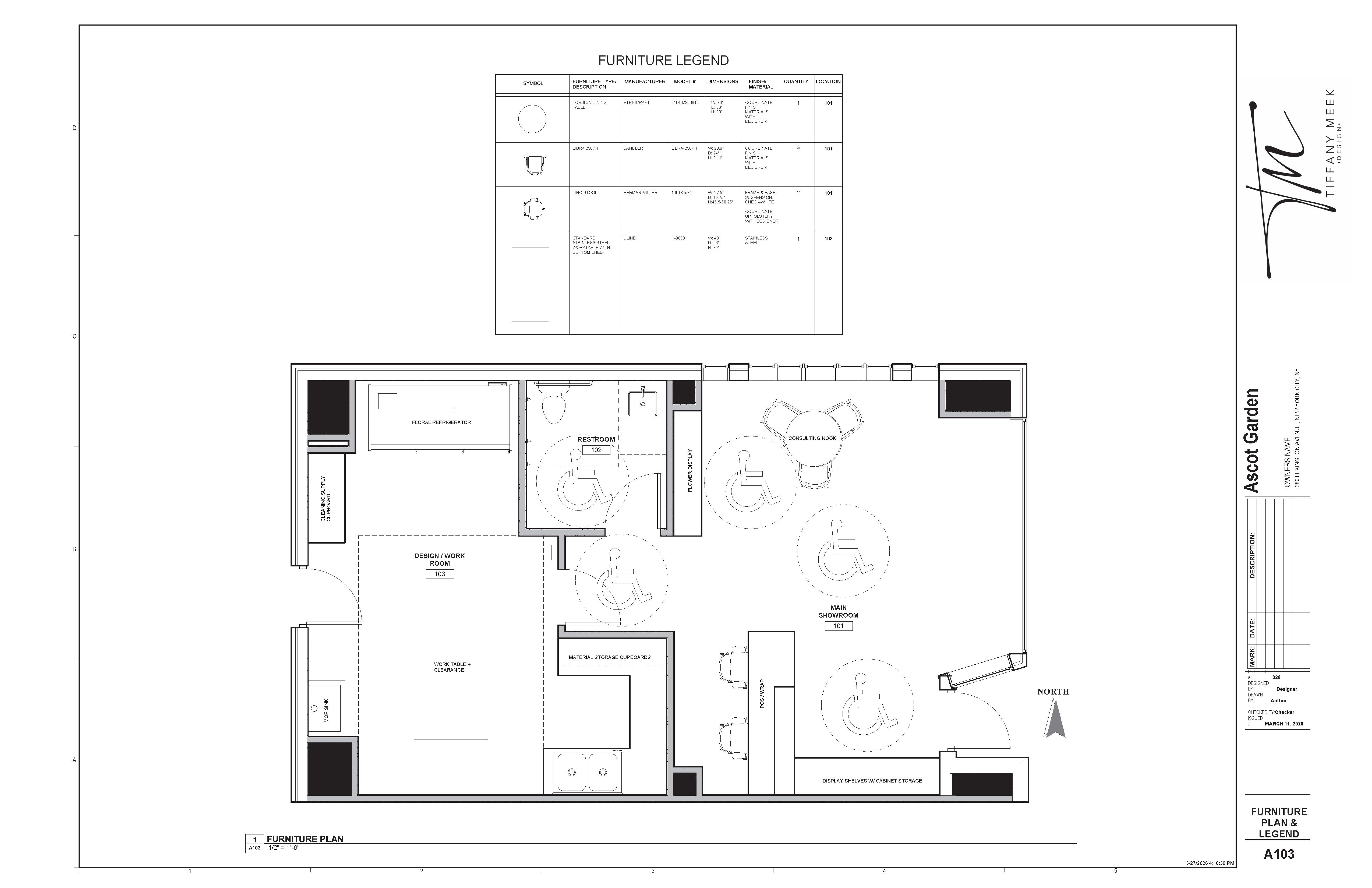 Furniture plan and legend for Ascot Garden illustrating spatial layout, circulation, and program zones including showroom, consultation area, and floral design
workspace.