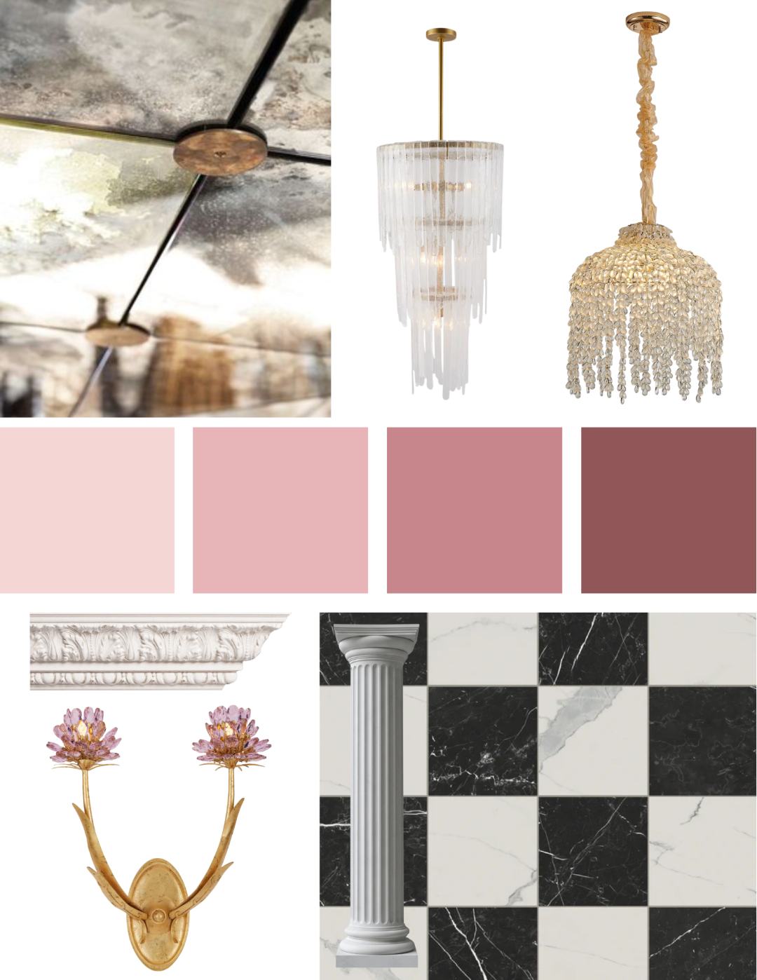F&E exploration board showcasing lighting, paint palette, marble flooring, mirrored ceiling materials, and classical architectural detailing within the Ascot Garden
interior.