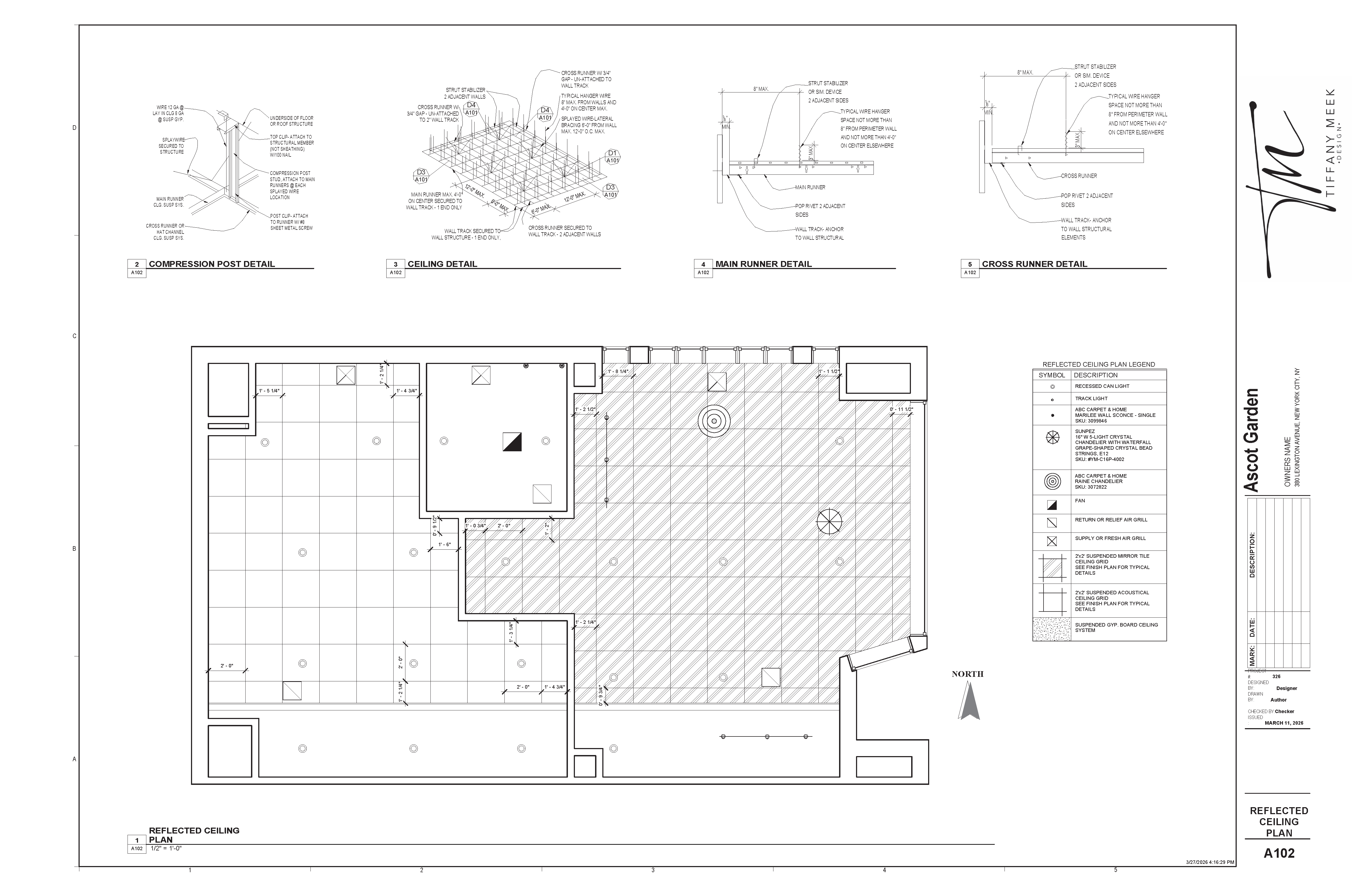 Reflected ceiling plan for Ascot Garden showing lighting layout, ceiling
systems, and fixture coordination, with detailed sections for suspended ceiling construction.