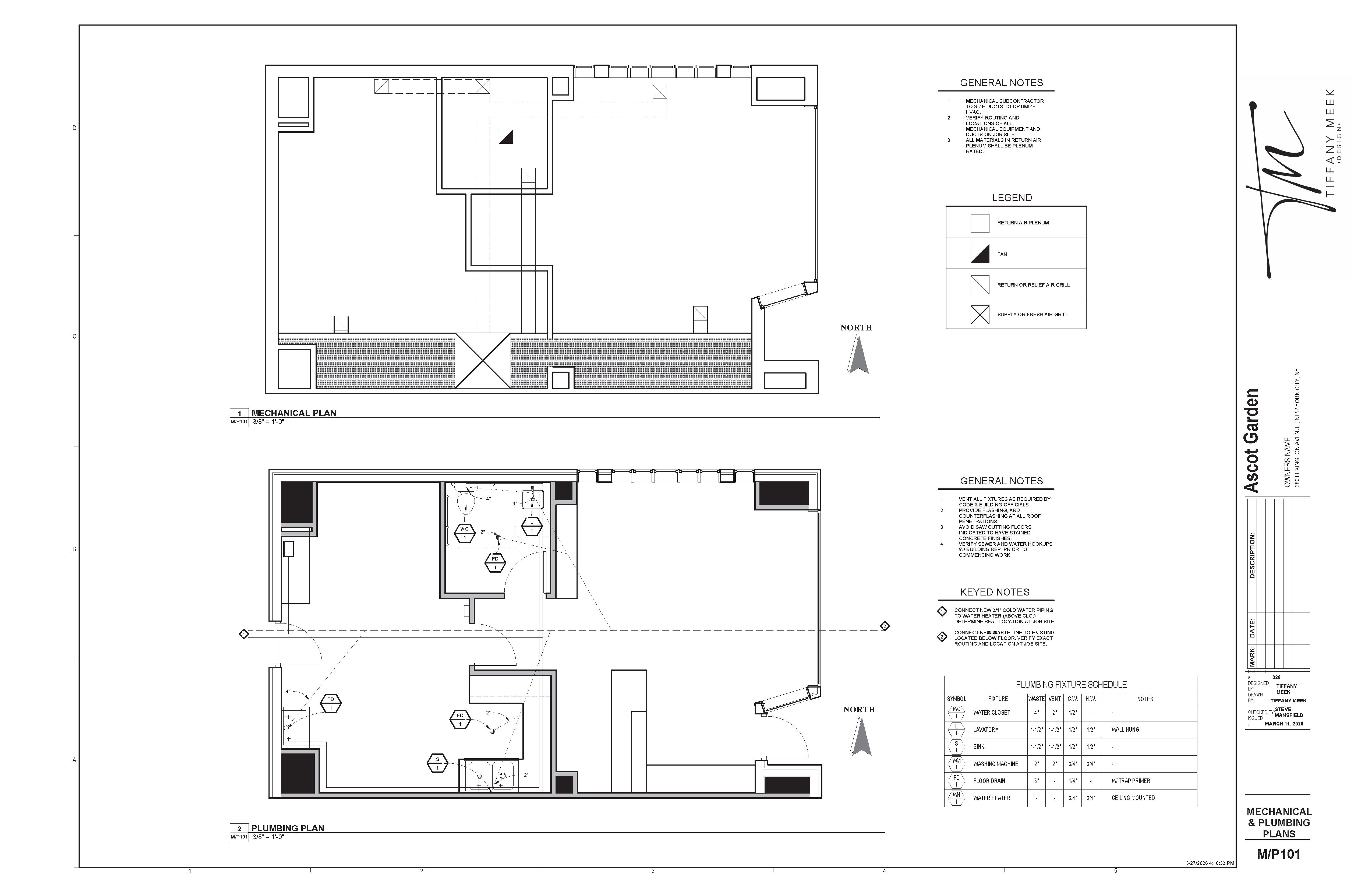 Mechanical and plumbing plans for Ascot Garden showing HVAC layout, duct routing, plumbing fixtures, and system coordination within the existing building.