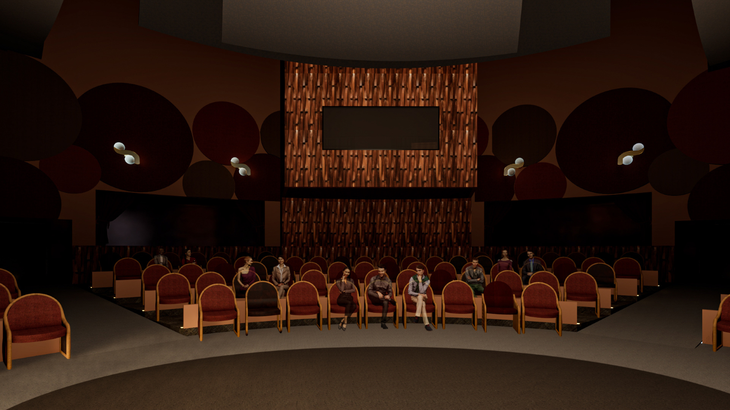 A theater in the round set up with seats on risers surrounding a central stage and a sound booth lofted above the highest row of risers