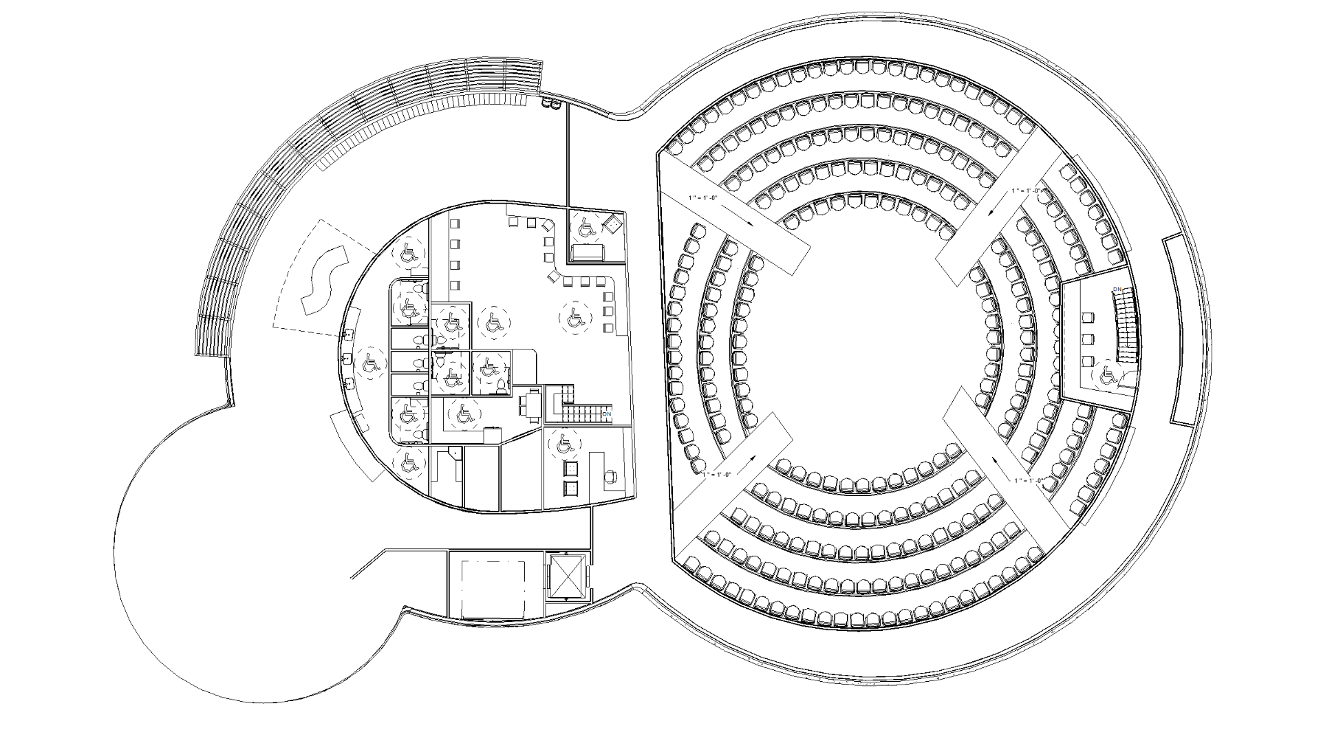 A floor plan showing a theater with an arena-style stage set up and a sound booth on a mezzanine level.
