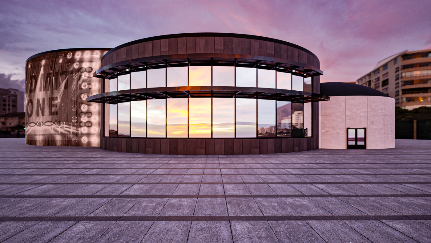 A building comprised of 3 intersecting circles. The design is modern, utilizing steel panels, large glass windows, and concrete wall panels