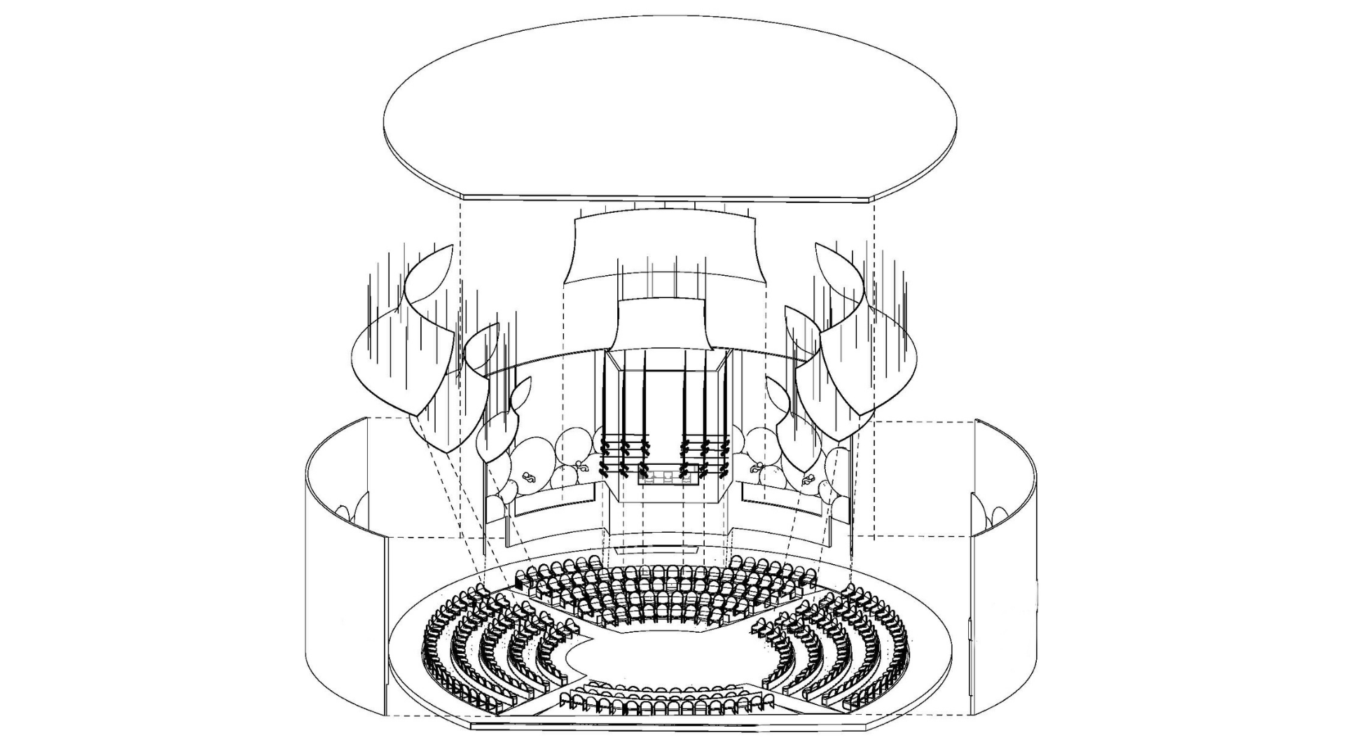 An exploded axonometric of the theater stage and seating area.