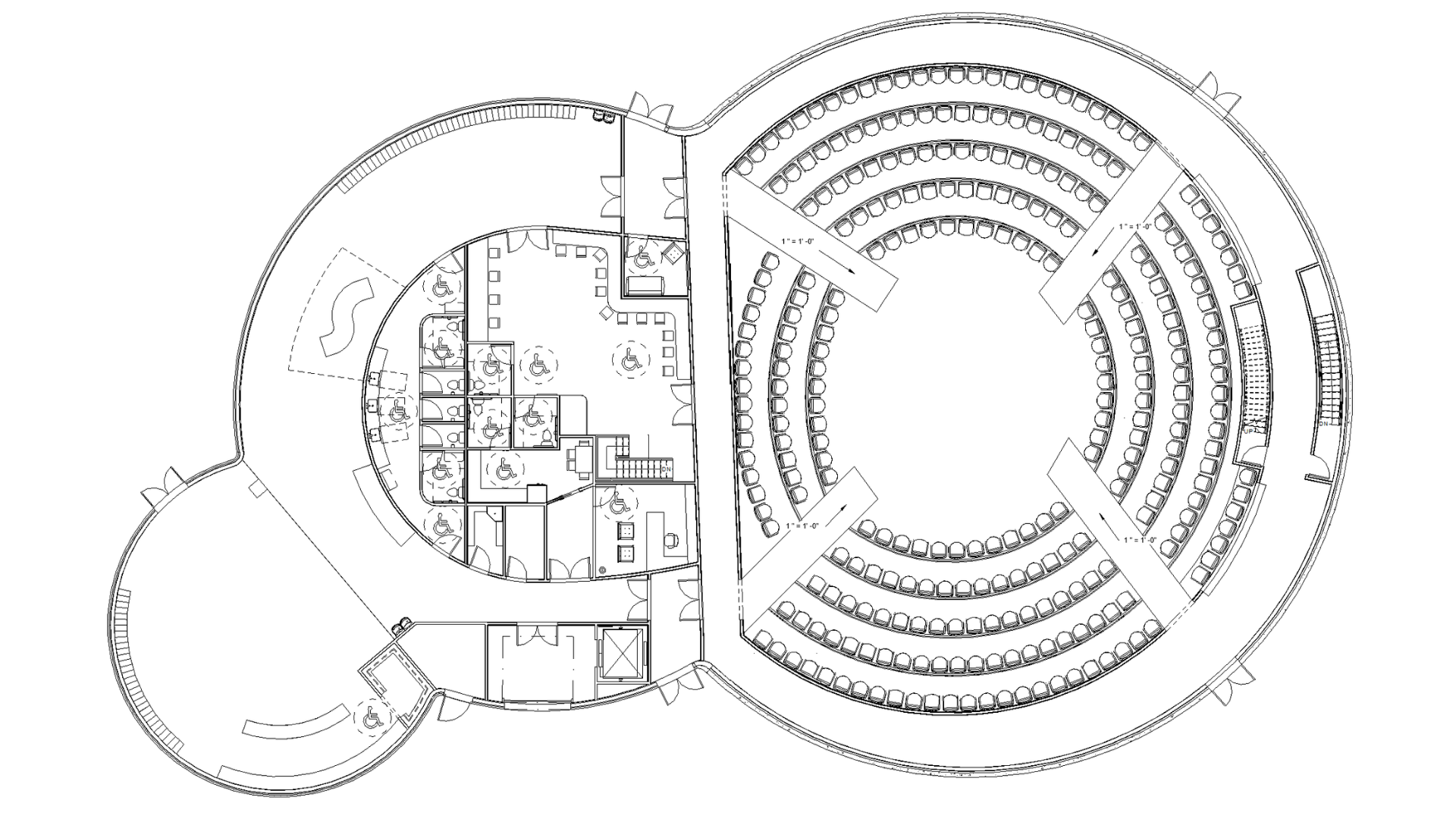 A floor plan showing a theater with an arena-style stage set up and risers filled with non-fixed seats.