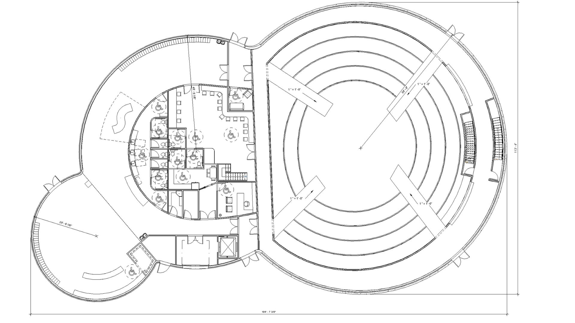 A floor plan showing the main floor of a theater with an arena stage setup