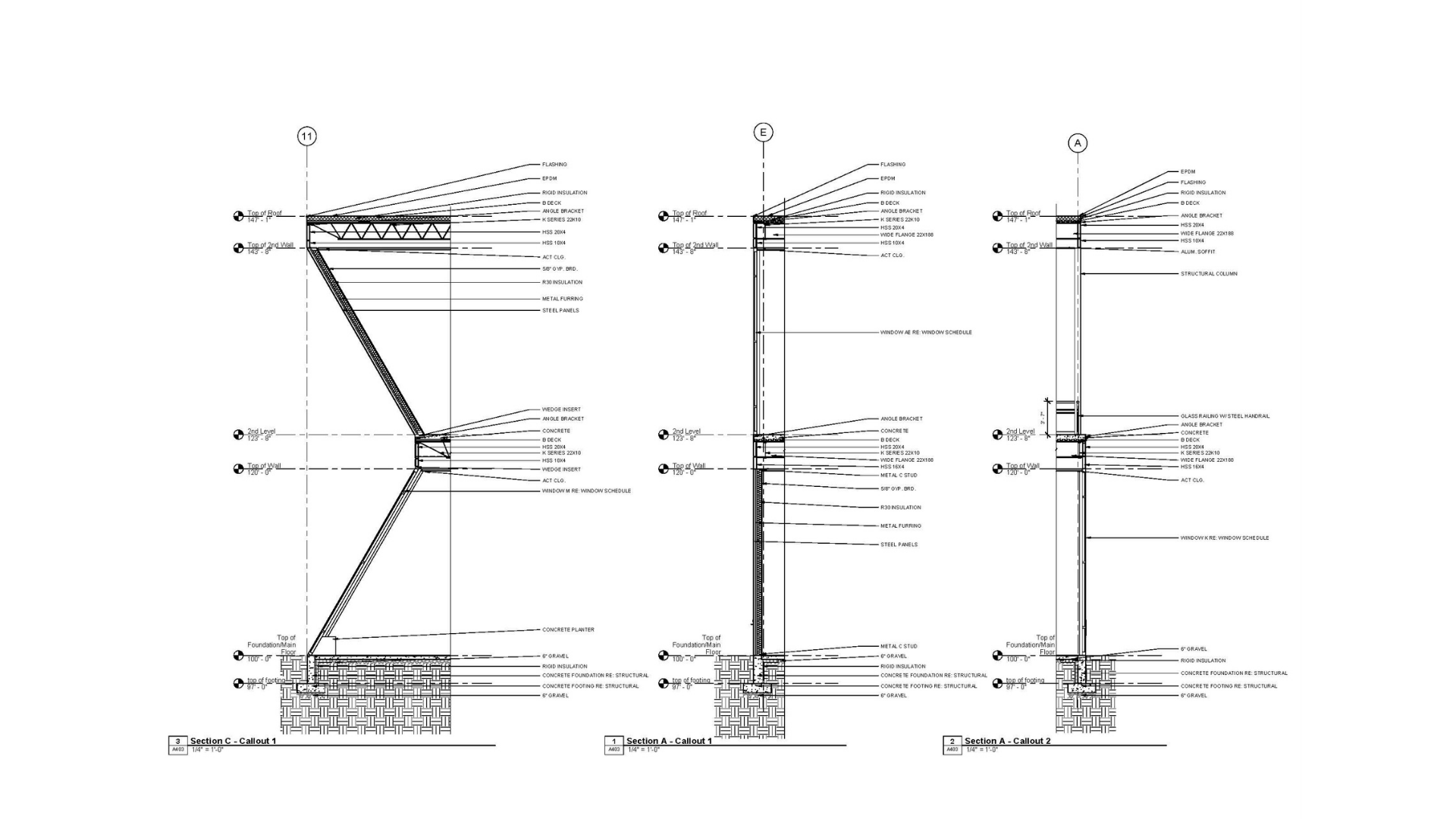 A sheet from a set of construction documents for a new commercial office building depictign a
wall section.