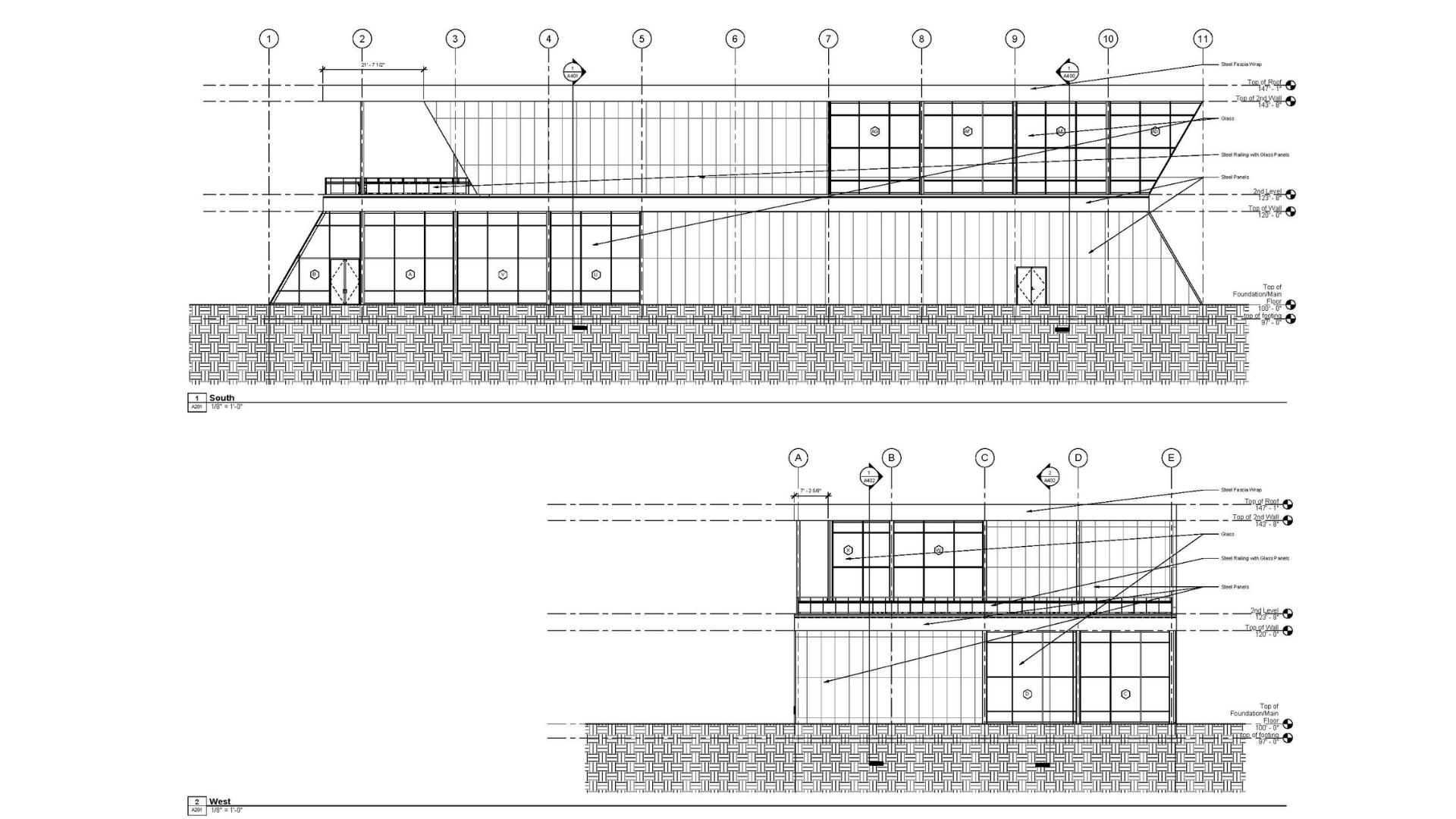 A sheet from a set of construction documents for a new commercial office building showing
exterior elevations.