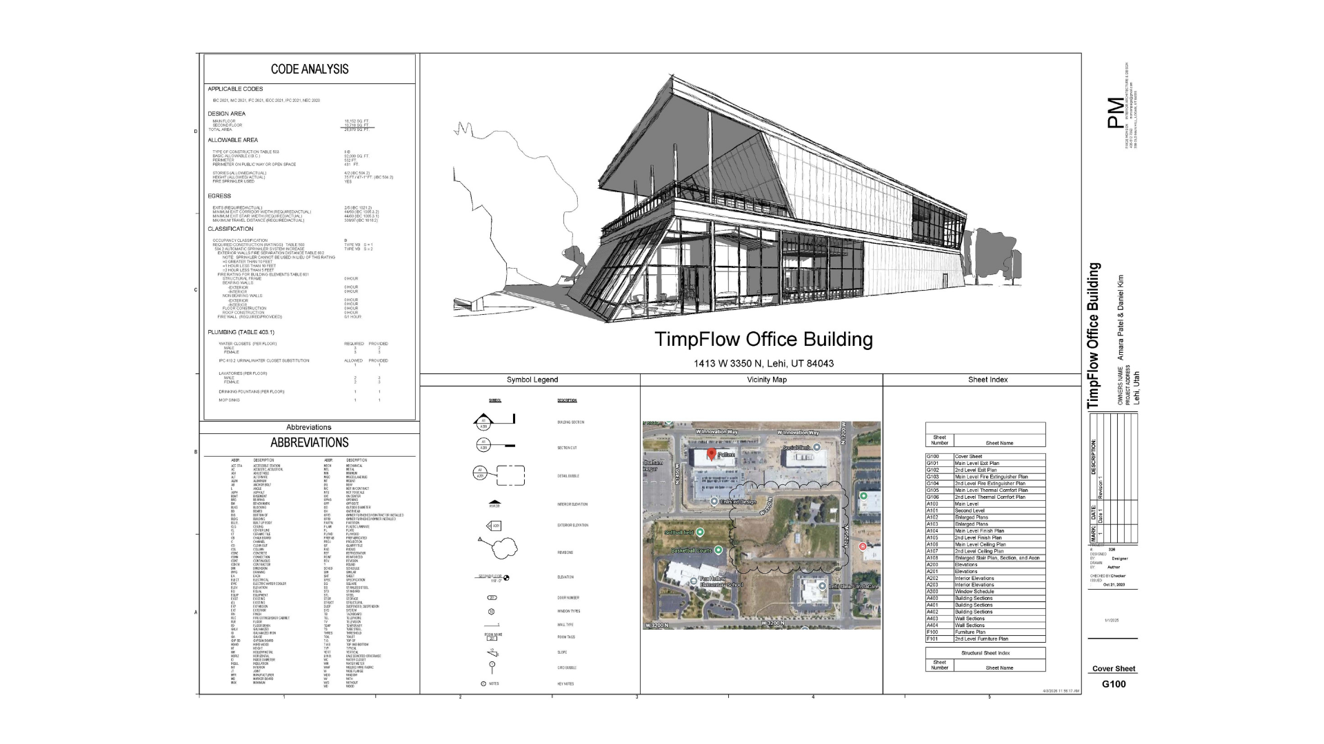 A title sheet from a set of construction documents for a new, modern commercial office building