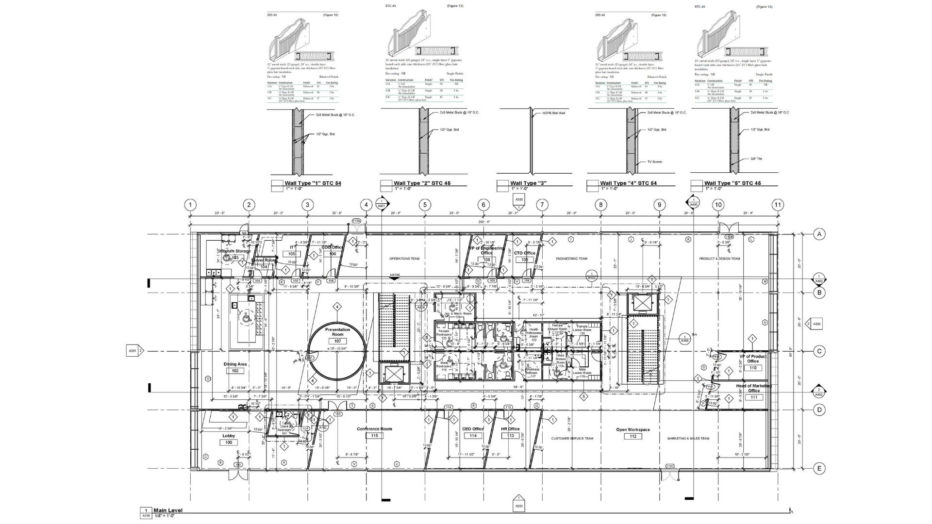 A sheet from a construction document set for a new commercial office building depicting the
main floor plan and wall types with STC values.