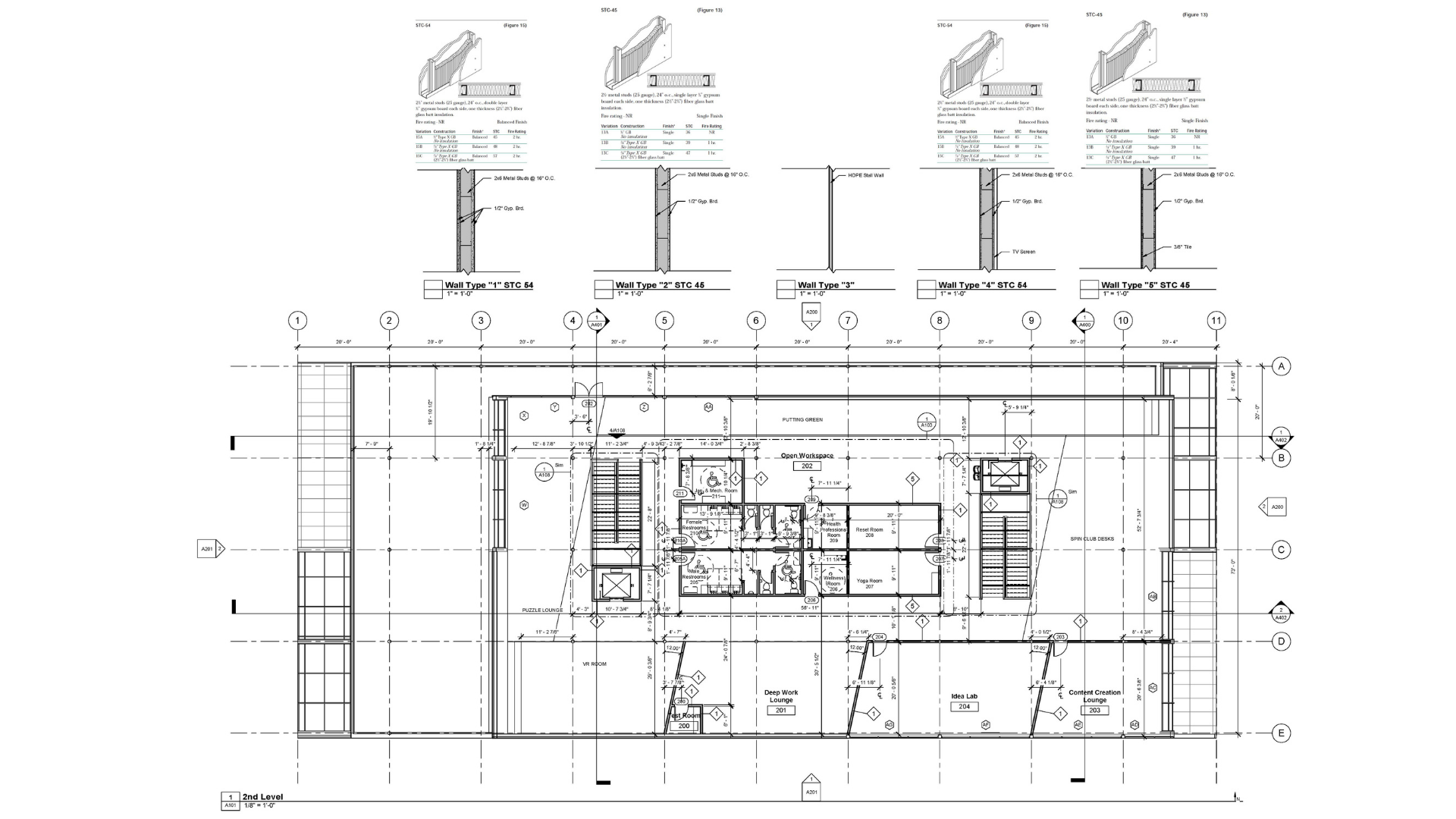 A sheet from a set of construction documents for a new commercial office building depicting the
2nd level floor plan and wall types with STC values.