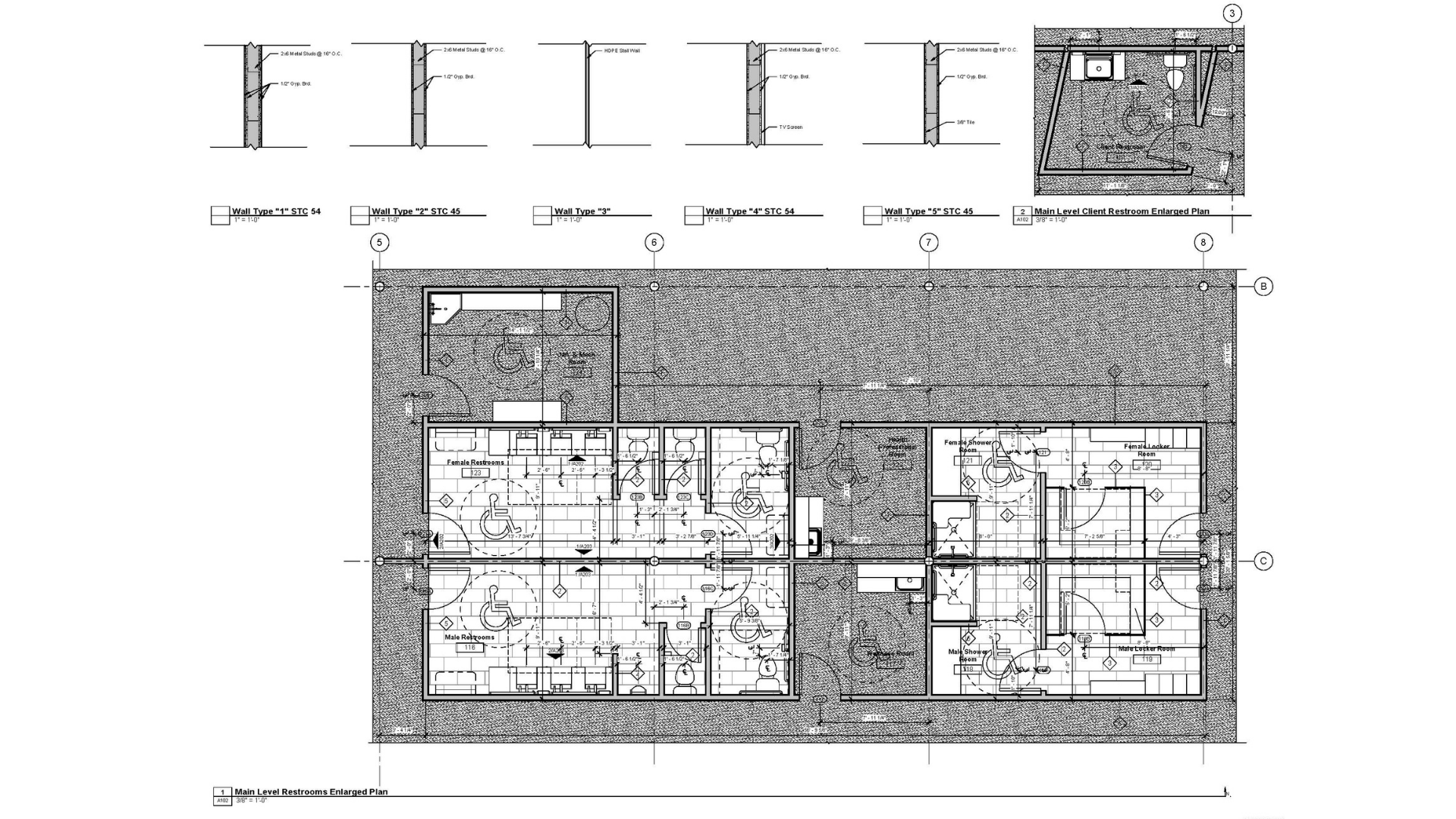 A sheet from a construction document set for a new commercial office building depicting the
restrooms at an enlarged scale.