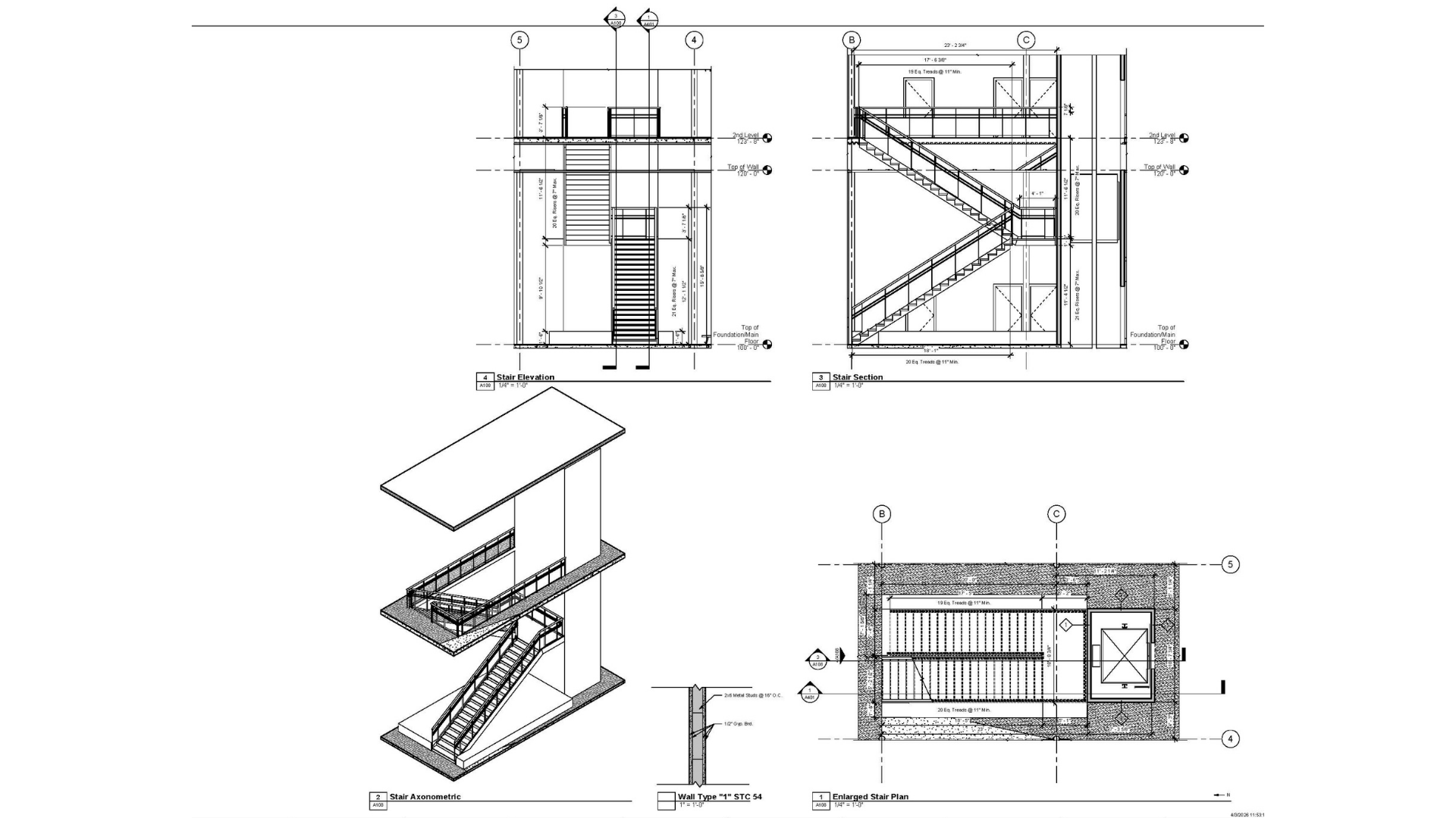 A sheet from a set of construction documents for a new commercial office building showing a
stair plan, elevation, section, and axonometric.
