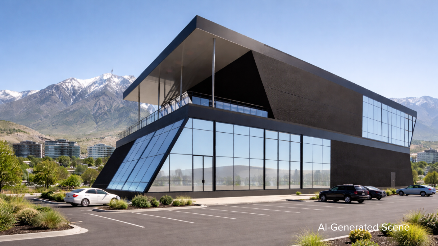 An AI-generated scene of a modern office building in Silicon Slopes in Lehi, Utah.