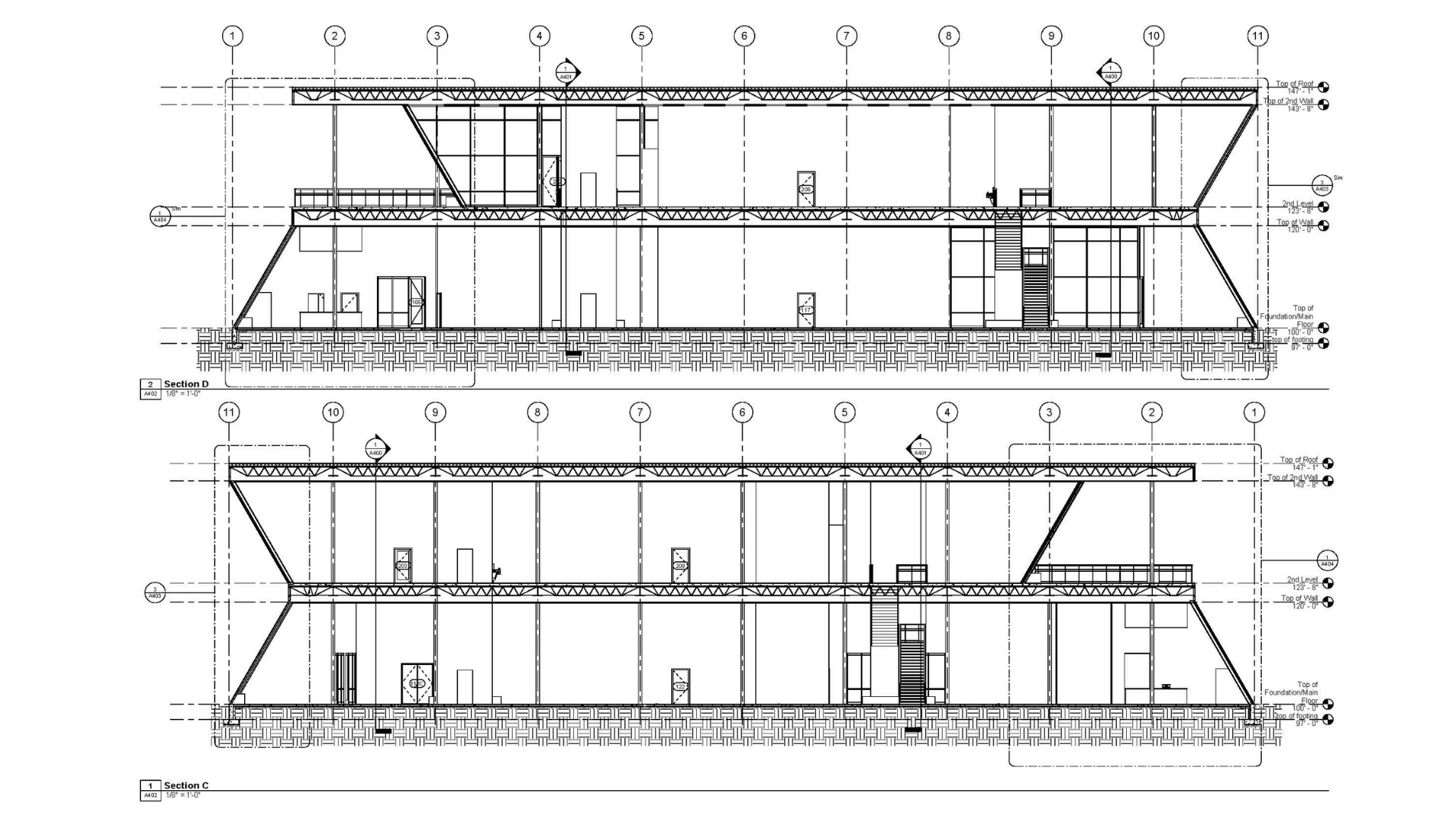 A sheet from a set of construction documents for a new commercial office building showing
building sections.