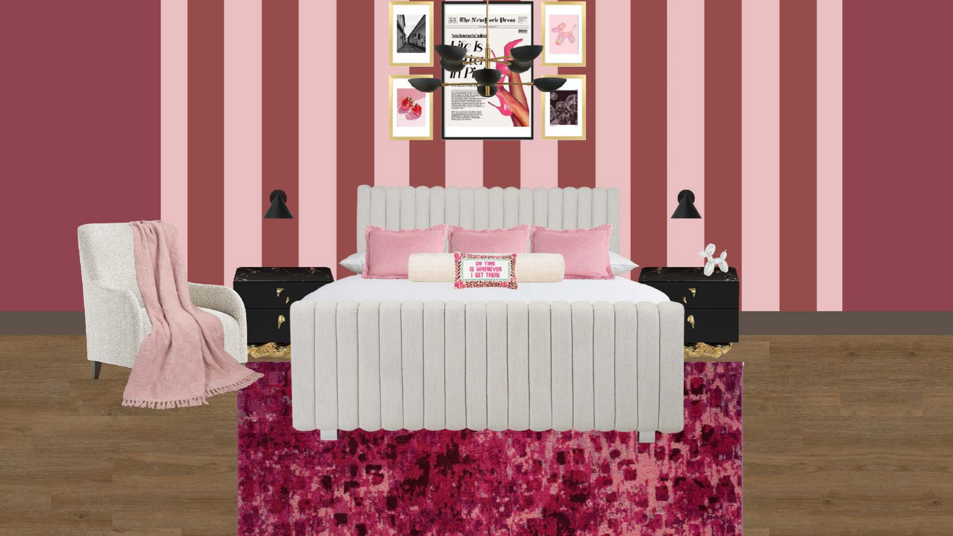 A two-dimensional furniture layout of a master bedroom in a monochromatic pink color scheme.