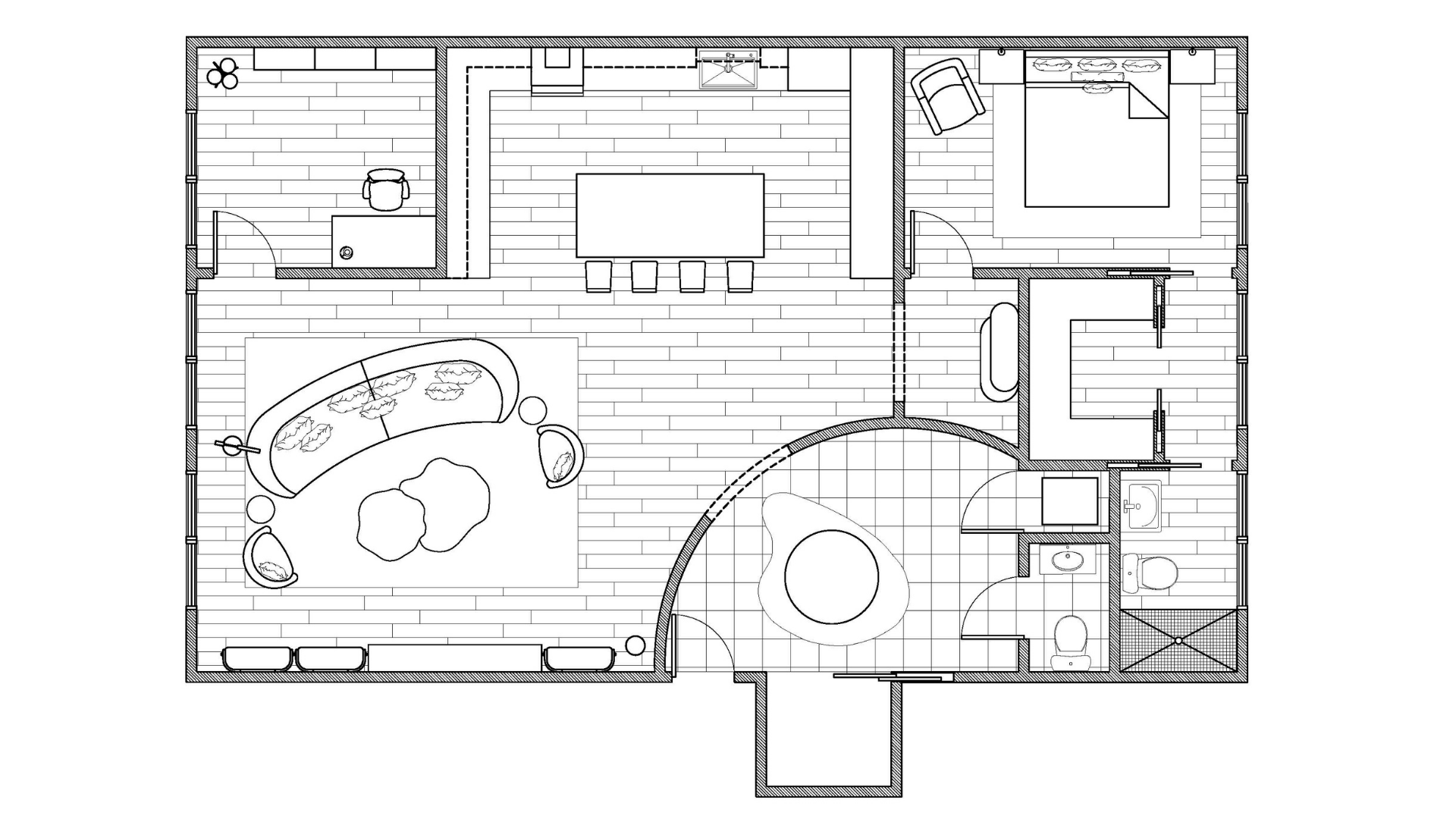 A floor plan showing an apartment layout with an entry, living room, kitchen, home office, and
master suite.