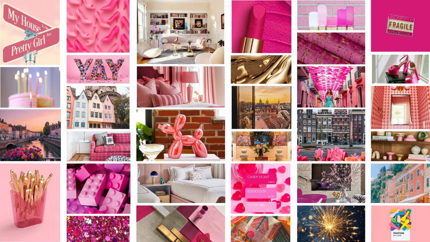 A mood board with a variety of pink images displaying interiors, materials, and everyday
objects.