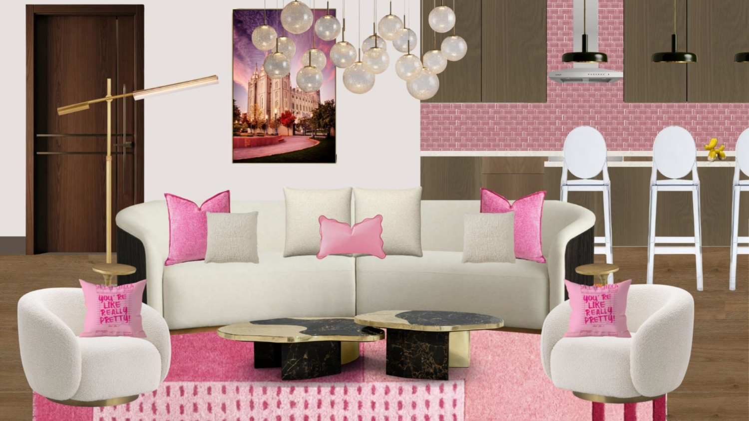 A two-dimensional design board showing the furniture layout for an open-concept, all-pink living
room and kitchen.