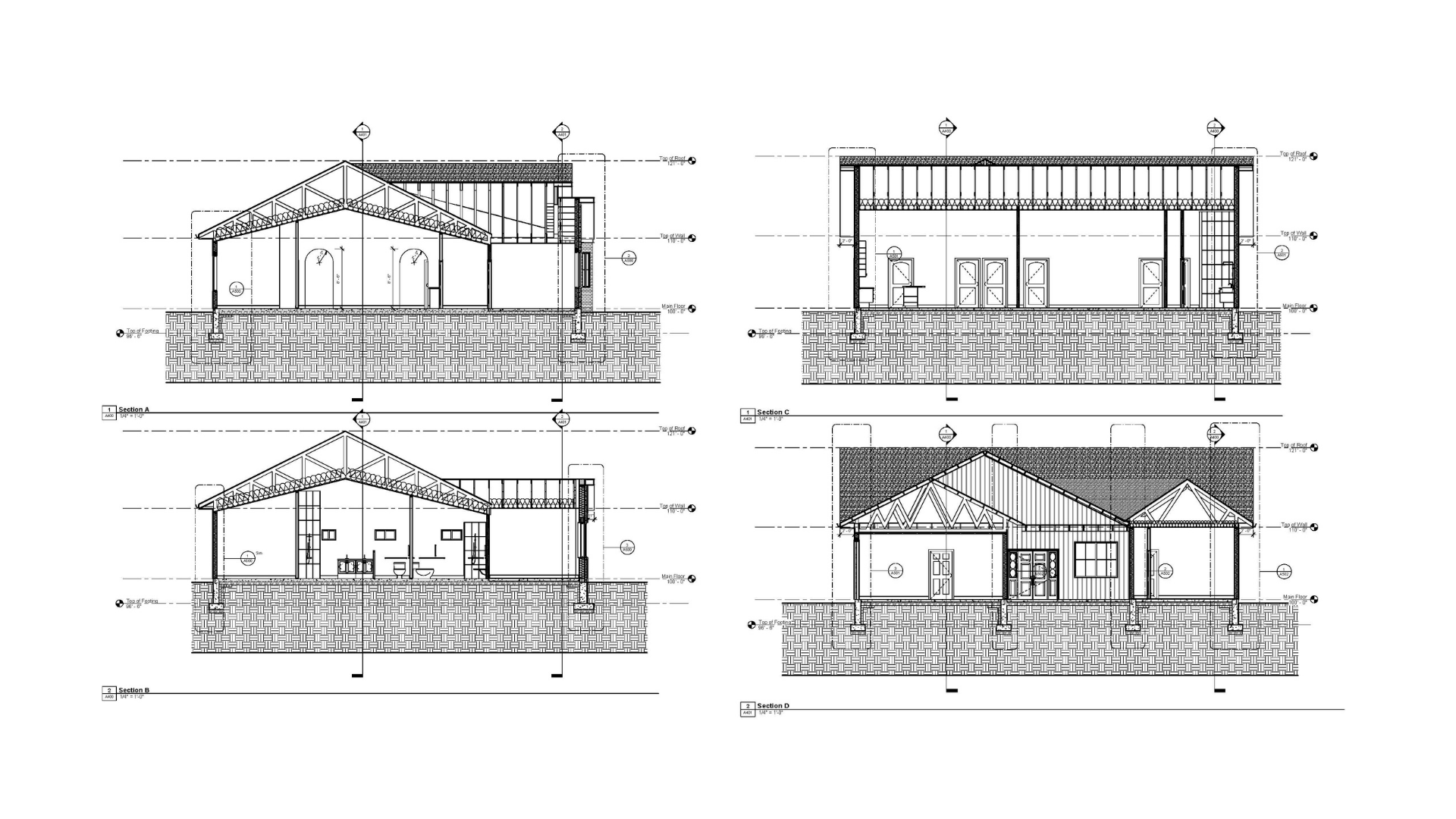 A sheet from a set of construction documents for a house showing building sections.