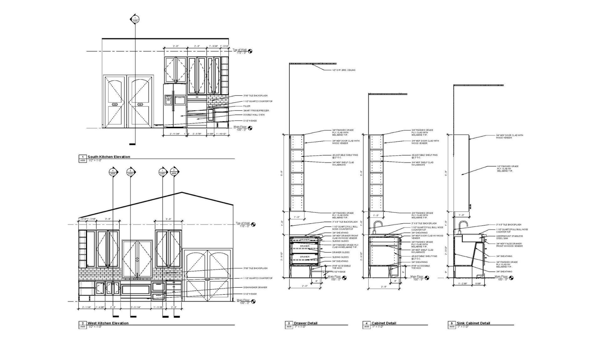 A sheet from a set of construction documents depicting ADA-compliant kitchen elevations and
cabinet sections.