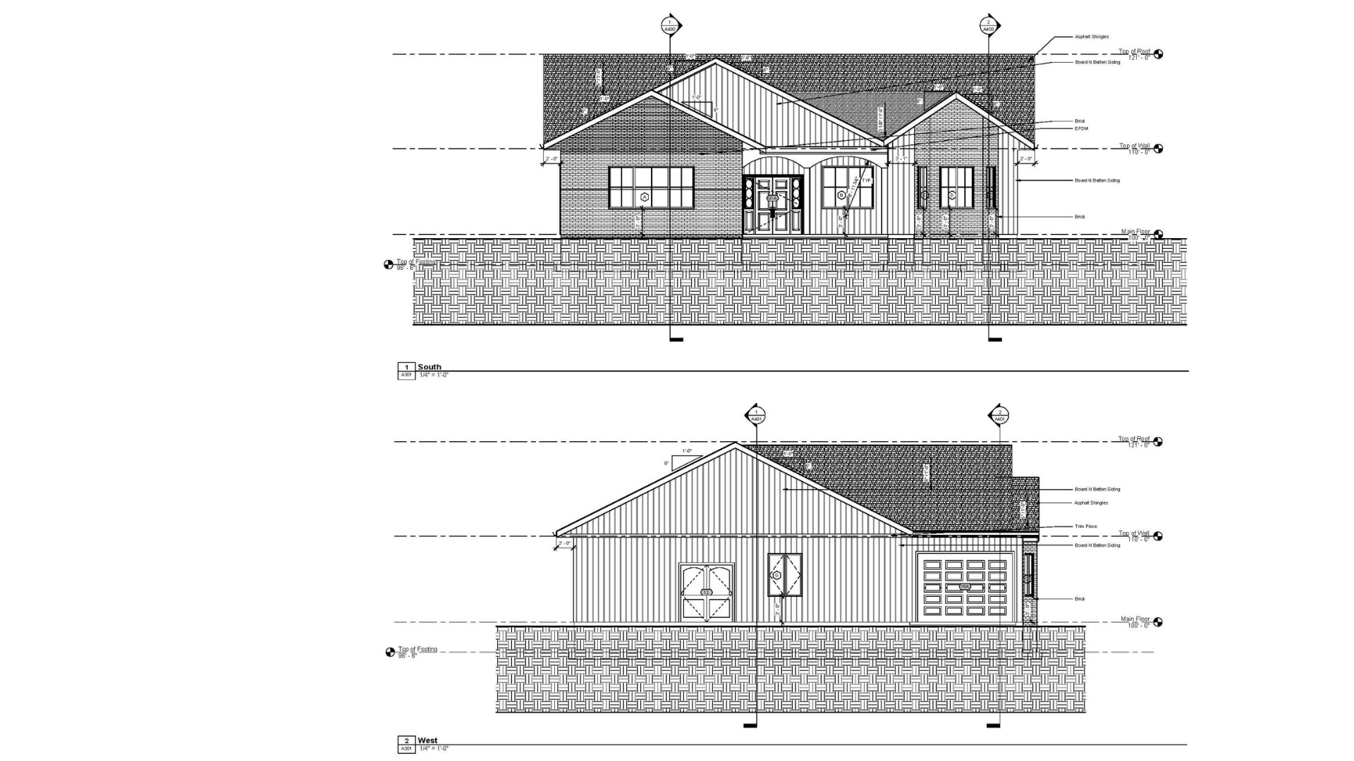 A sheet from a set of construction documents for a house showing exterior elevations