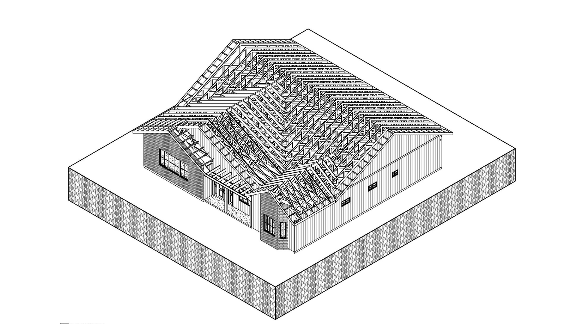 An axonometric view of a house showing roof framing.