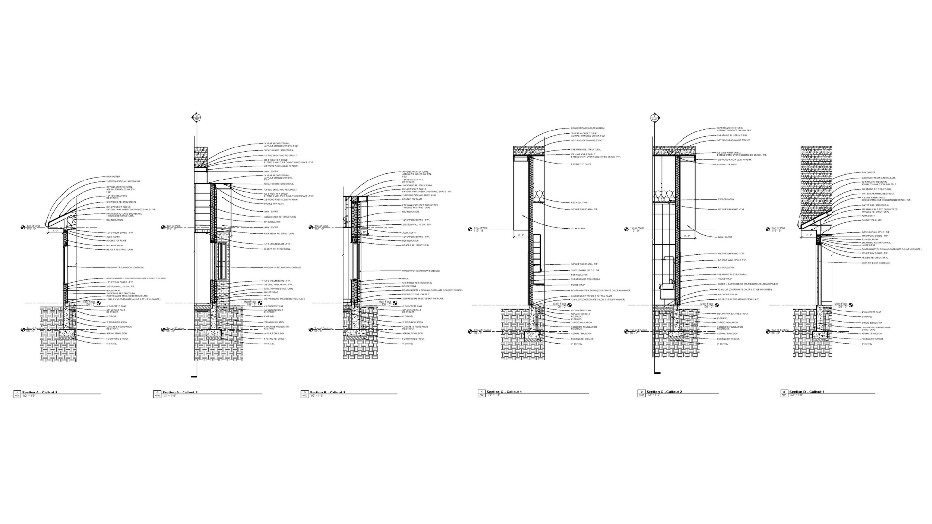 A sheet from a set of construction documents for a house depicting a wall section.