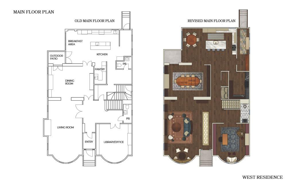 Side-by-side comparison of the West Residence main floor plan, with the original layout on the left and a revised plan on the right that improves circulation, spatial flow, and furniture arrangement.
