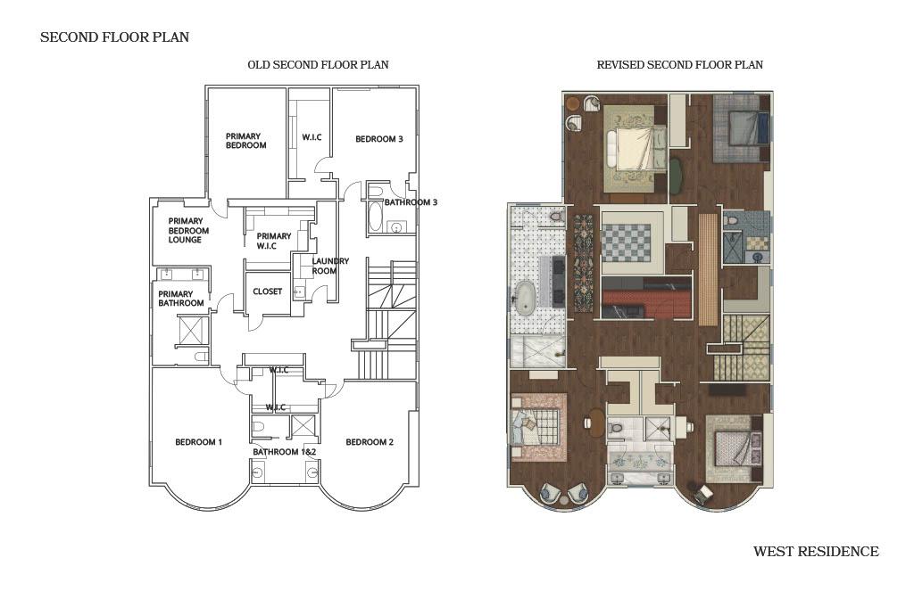 Side-by-side comparison of the West Residence second floor plan, showing the original layout on the left and the revised layout on the right with updated bedroom, bathroom, and circulation design.