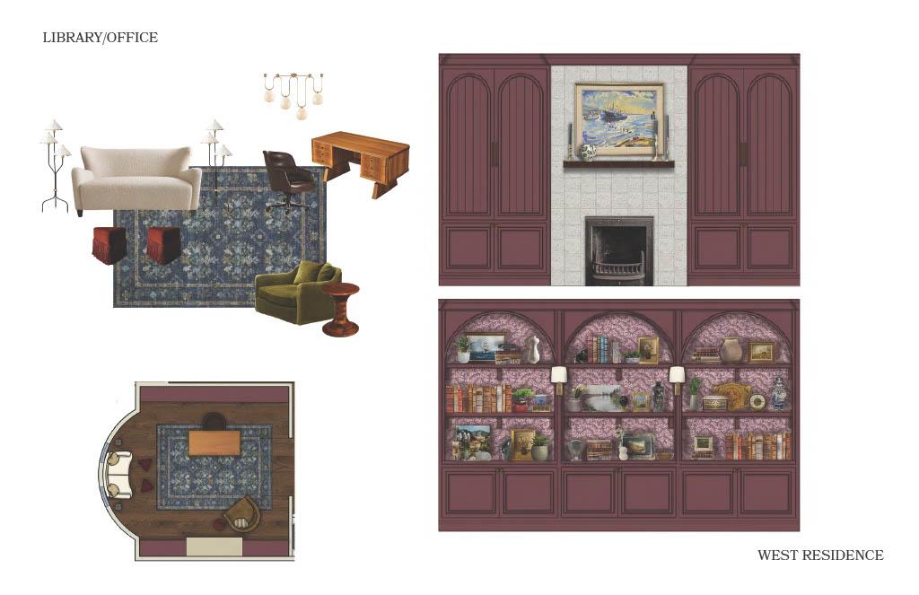 Library and office design board for the West Residence, featuring furniture selections, floor plan, and interior elevations with built-in shelving, cabinetry, and a fireplace.